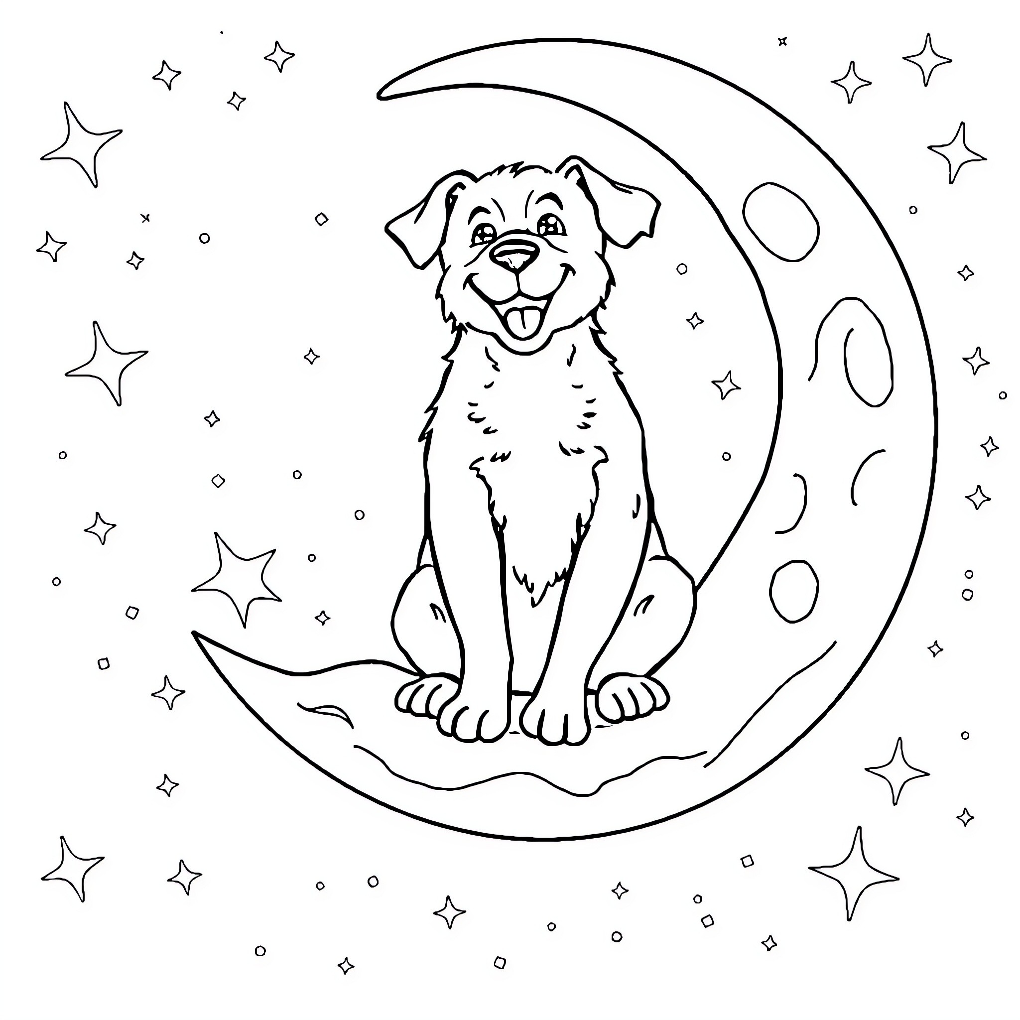 Dog sitting happily on the moon Coloring Page (free black-and-white line drawing printable PDF for all, from beginners to advanced learners, including children, teens, adults, and seniors)