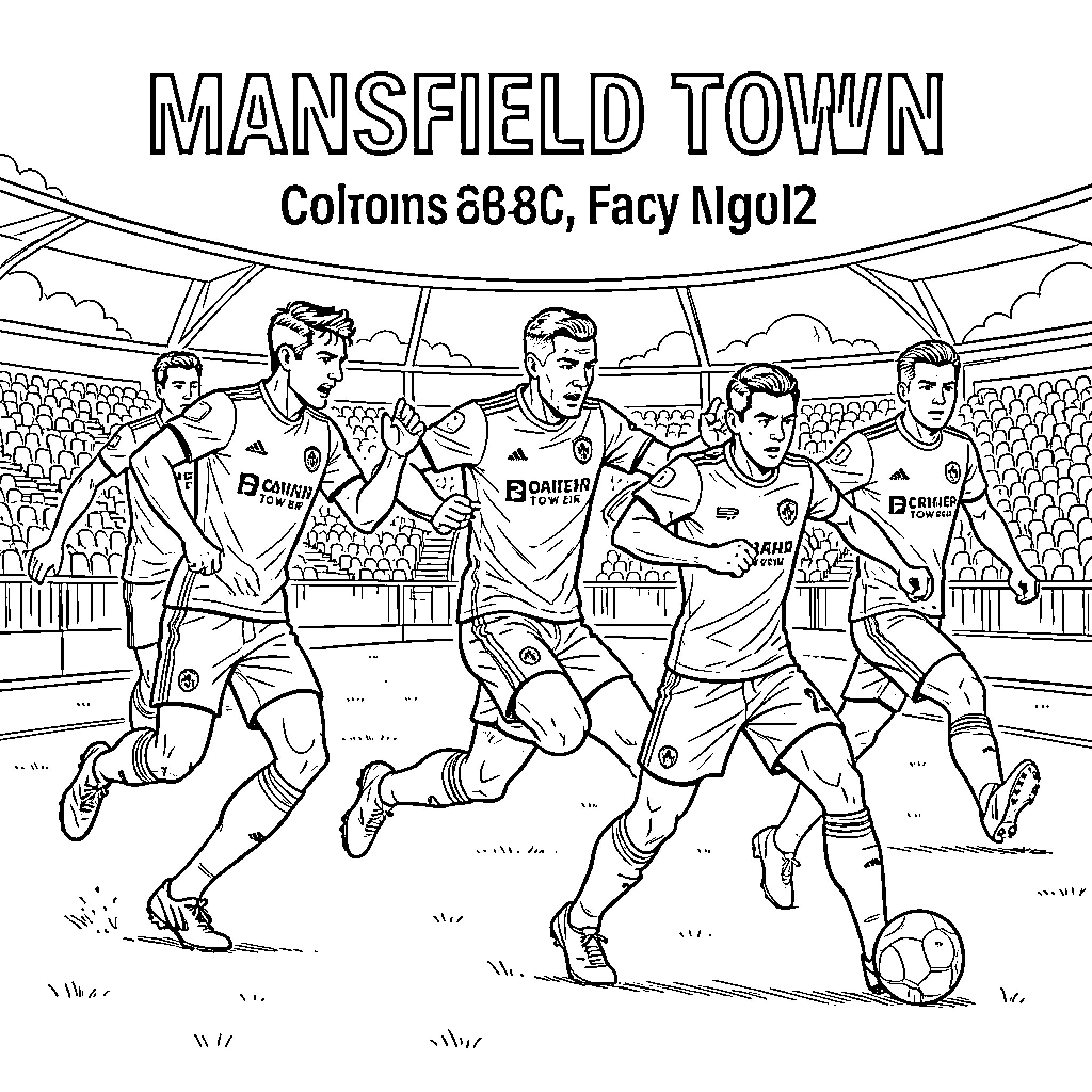 Mansfield Town FC players competing for the football Coloring Page (free black-and-white line drawing printable PDF for all, from beginners to advanced learners, including children, teens, adults, and seniors)