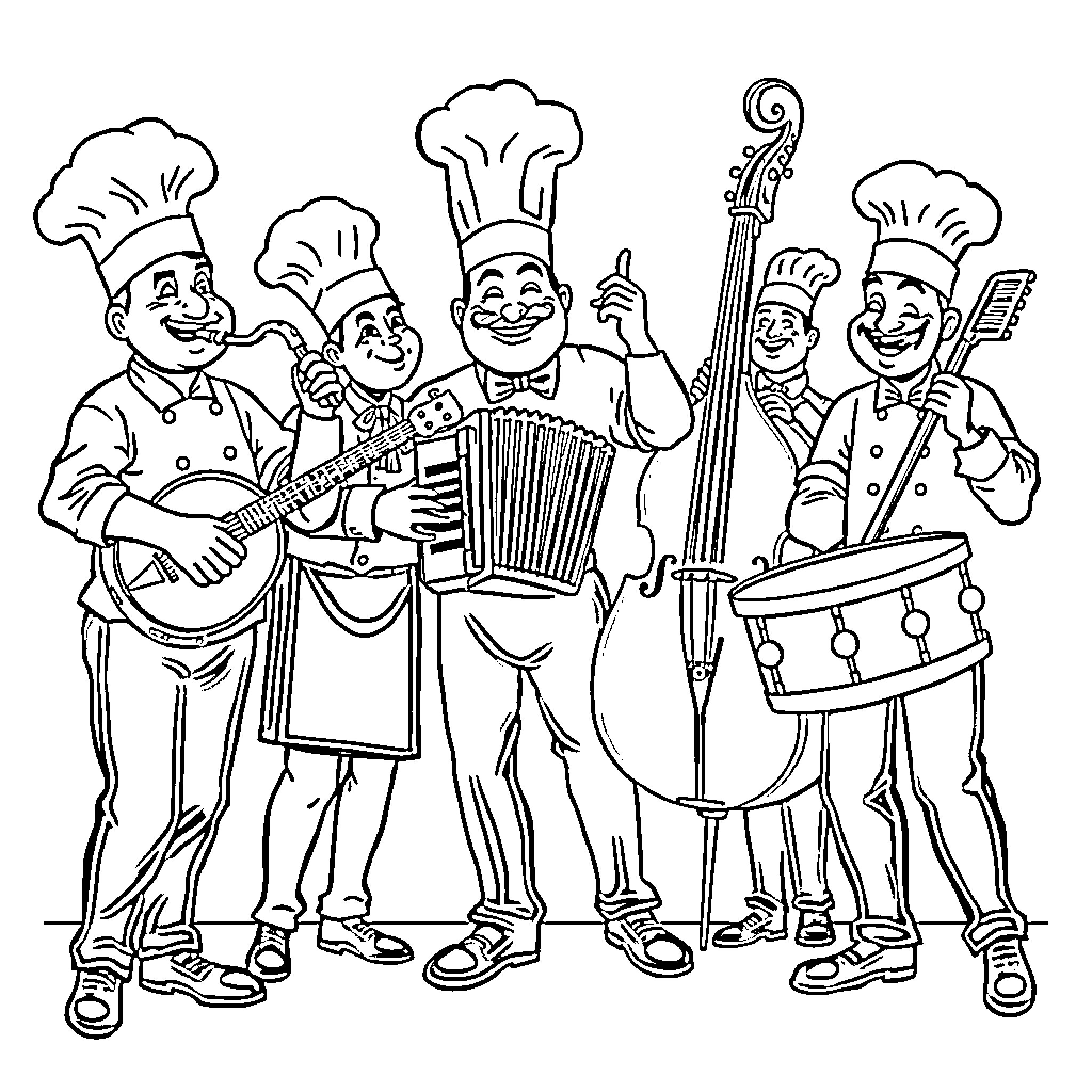 Pastry Chefs Performing Musical Ensemble Coloring Page (free black-and-white line drawing printable PDF for all, from beginners to advanced learners, including children, teens, adults, and seniors)