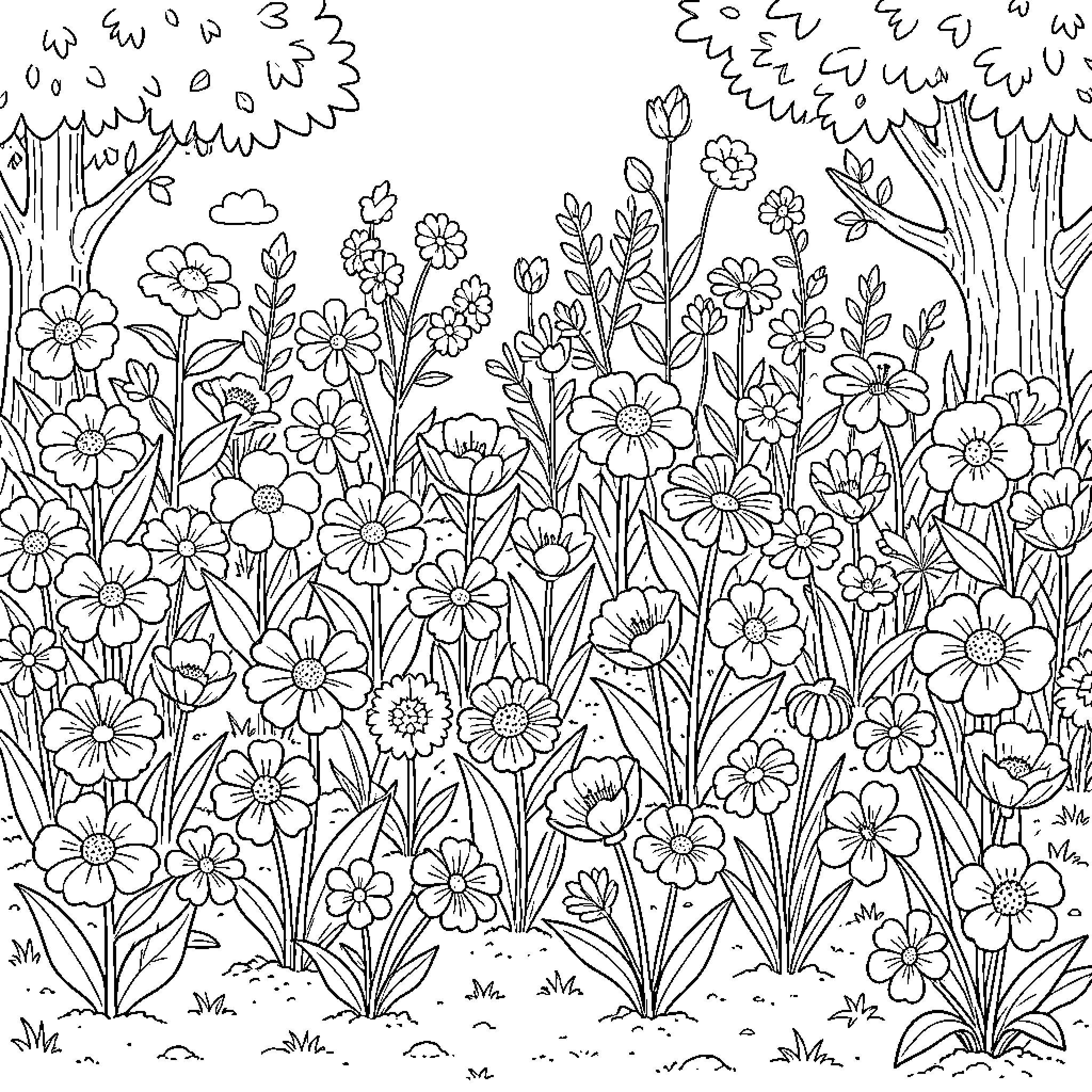 Flower meadow blooming under trees in nature Coloring Page (free black-and-white line drawing printable PDF for all, from beginners to advanced learners, including children, teens, adults, and seniors)