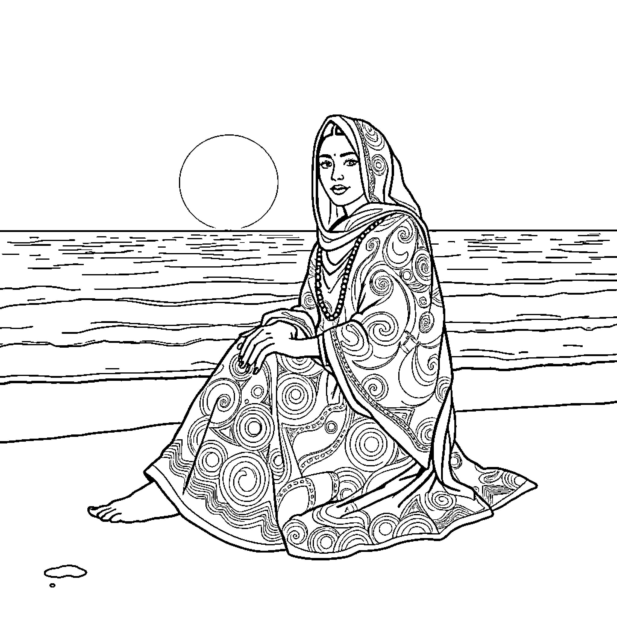 Dawoodi Bohra Woman Seated on the Beach Coloring Page (free black-and-white line drawing printable PDF for all, from beginners to advanced learners, including children, teens, adults, and seniors)