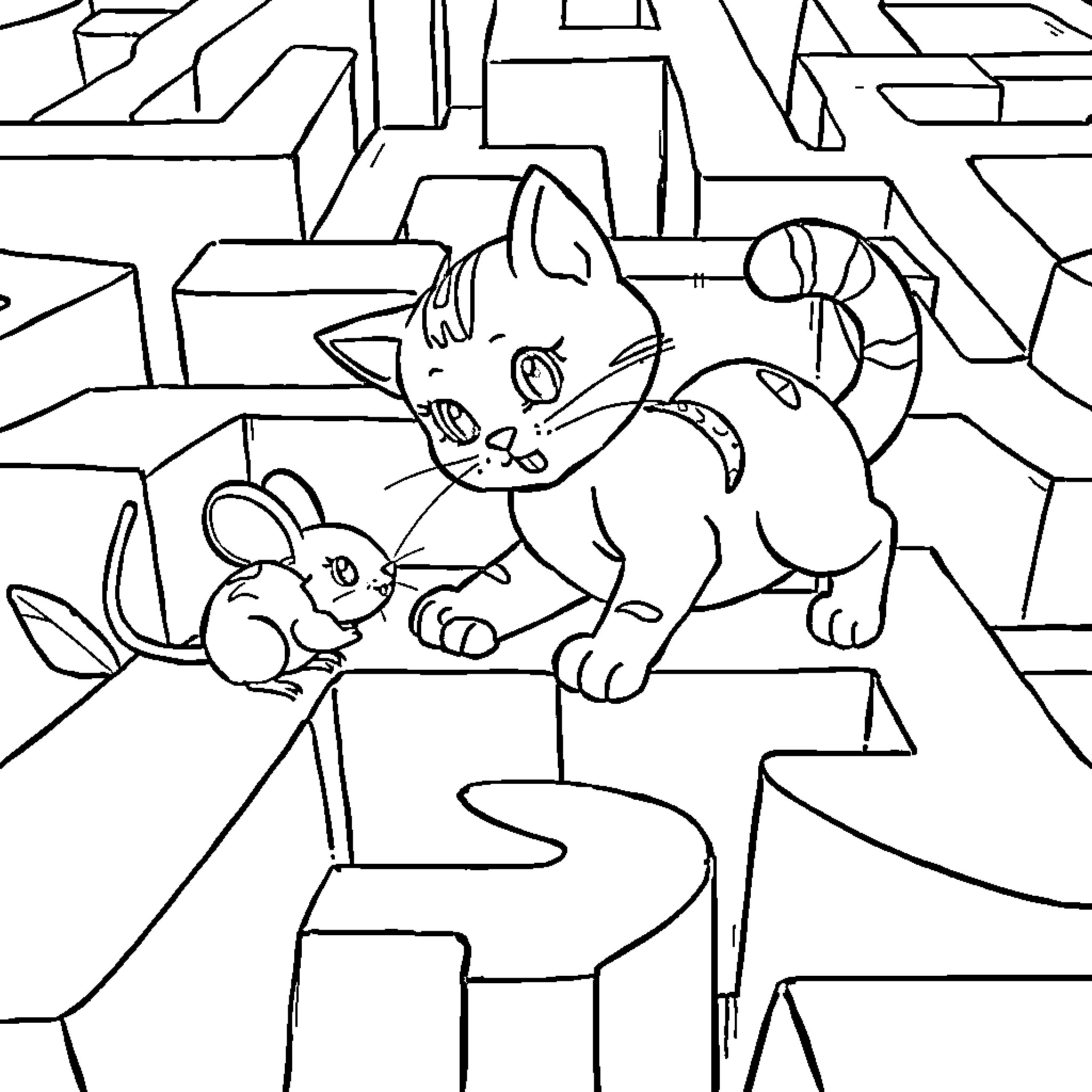 Gato and rabbit exploring an abstract world Coloring Page (free black-and-white line drawing printable PDF for all, from beginners to advanced learners, including children, teens, adults, and seniors)