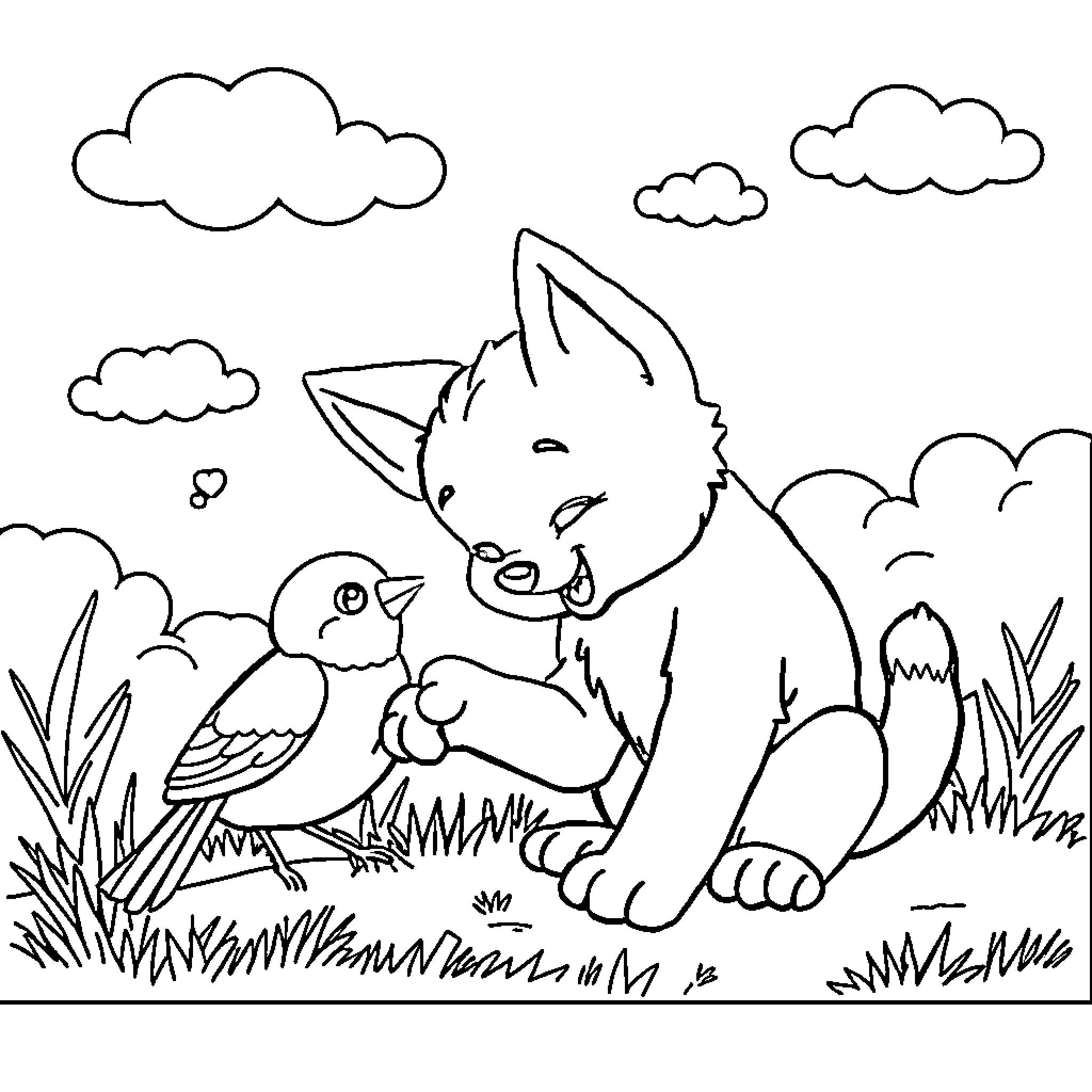Bluey playing with bird in grassy field Coloring Page (free black-and-white line drawing printable PDF for all, from beginners to advanced learners, including children, teens, adults, and seniors)