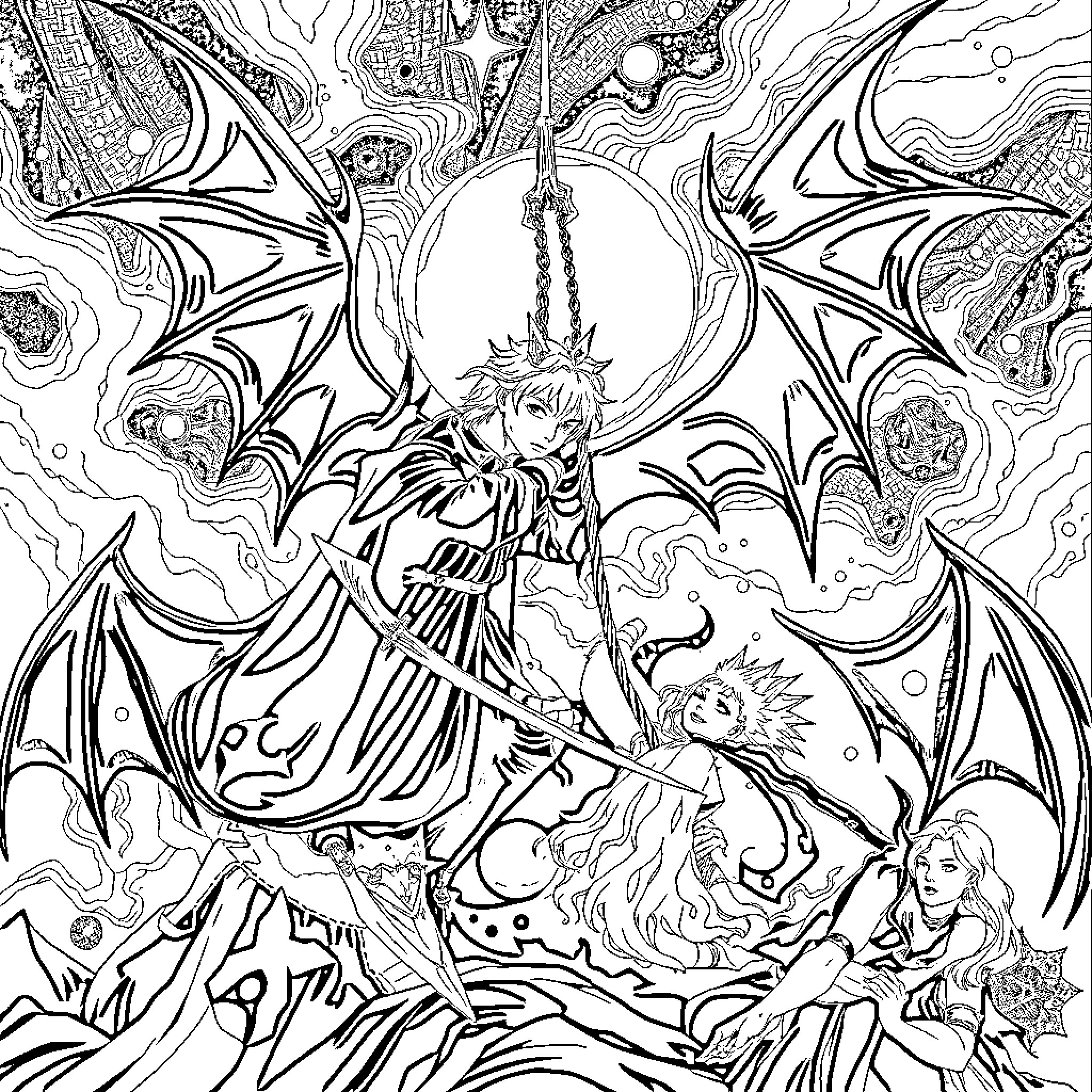 The Mortal Instruments: Fantastical Battle in a Mystical Realm Coloring Page (free black-and-white line drawing printable PDF for all, from beginners to advanced learners, including children, teens, adults, and seniors)