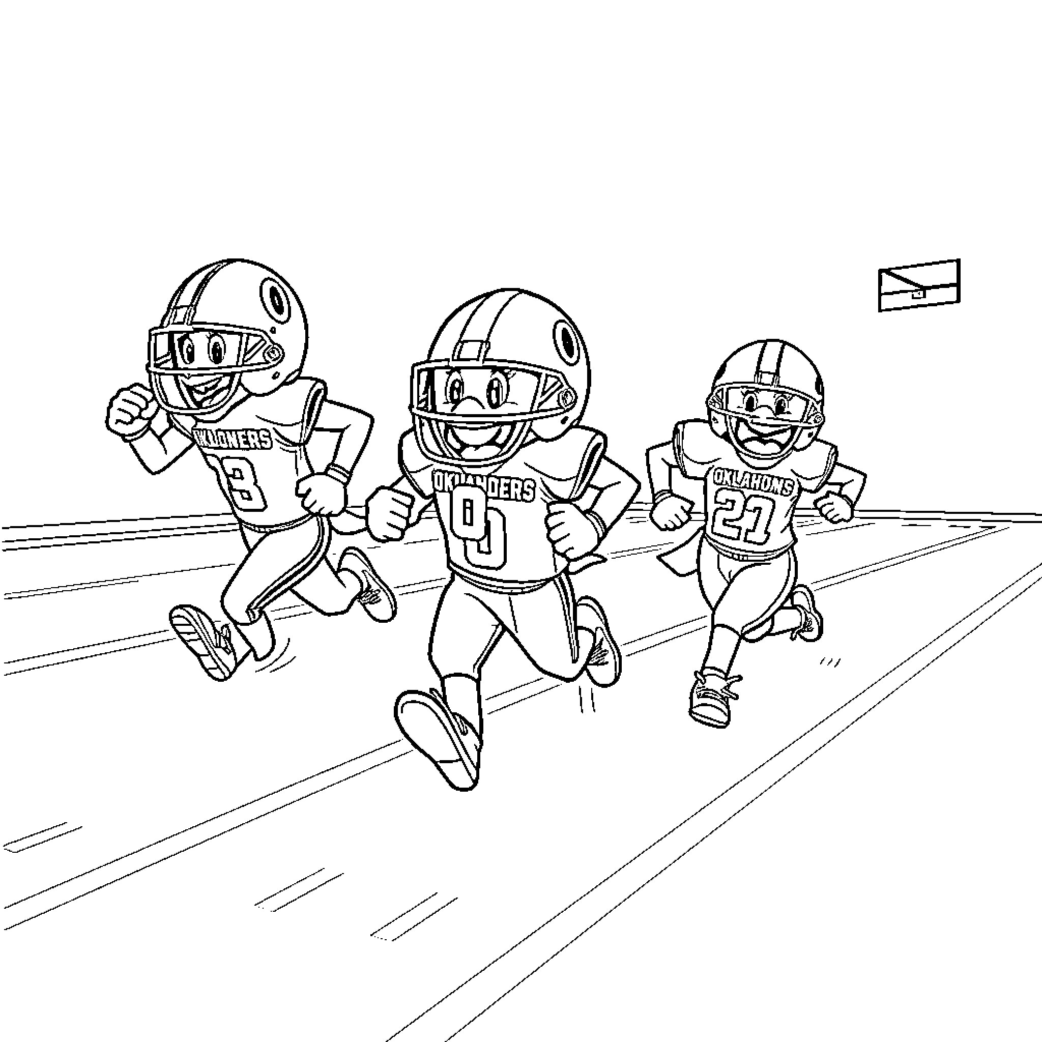 Mascot athletes running on the field Coloring Page (free black-and-white line drawing printable PDF for all, from beginners to advanced learners, including children, teens, adults, and seniors)