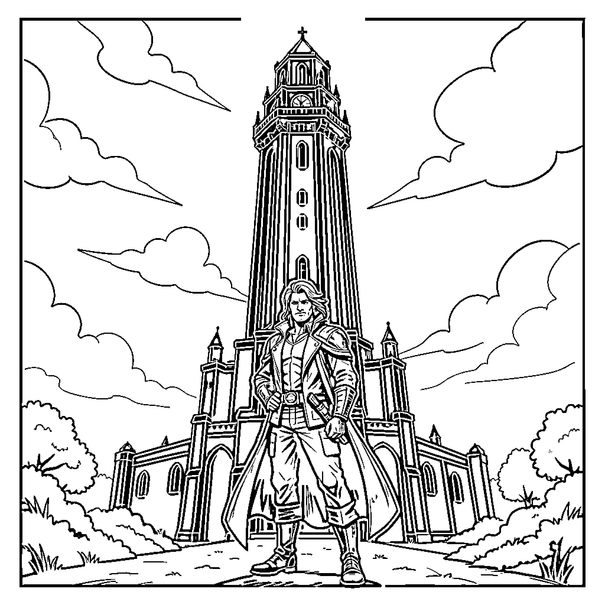 Tower of a Stoic Soldier overlooking the Clouds Coloring Page (free black-and-white line drawing printable PDF for all, from beginners to advanced learners, including children, teens, adults, and seniors)