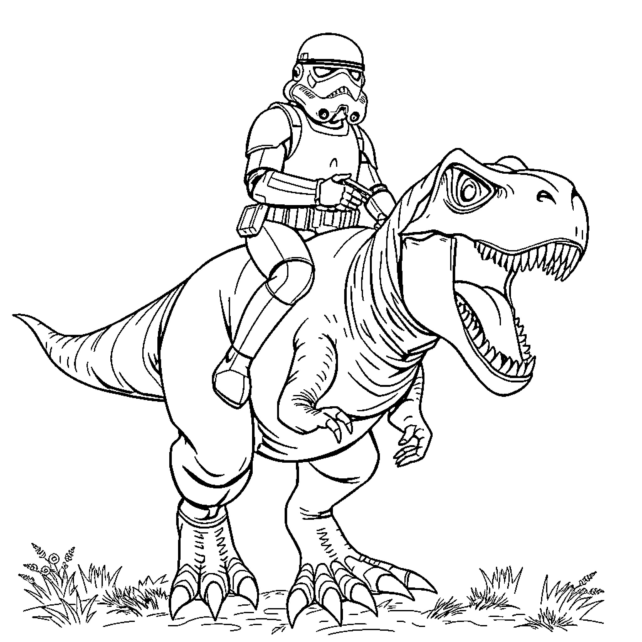 Stormtrooper riding an aggressive dinosaur creature Coloring Page (free black-and-white line drawing printable PDF for all, from beginners to advanced learners, including children, teens, adults, and seniors)