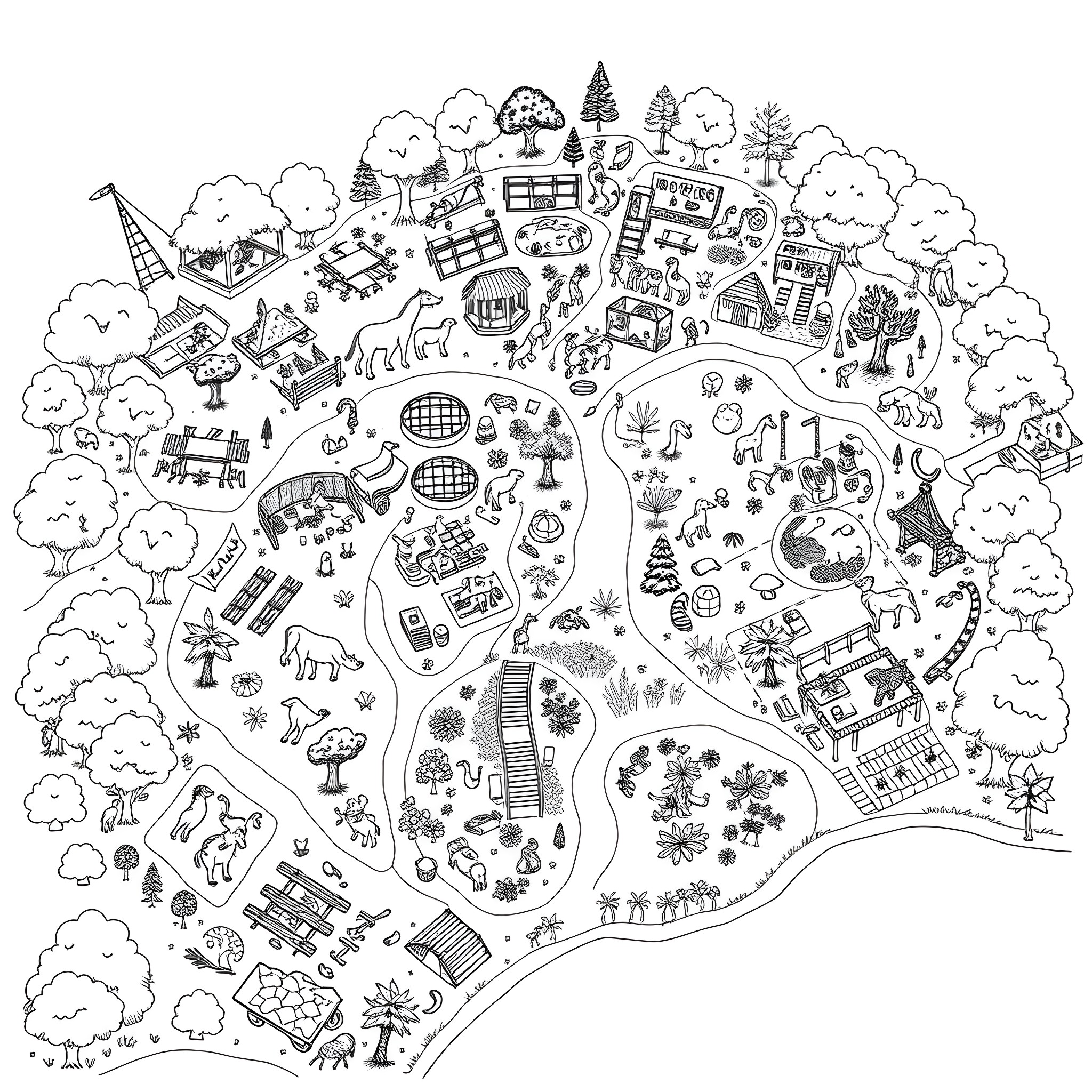 Zoo with diverse animals and attractions in scenic landscape Coloring Page (free black-and-white line drawing printable PDF for all, from beginners to advanced learners, including children, teens, adults, and seniors)
