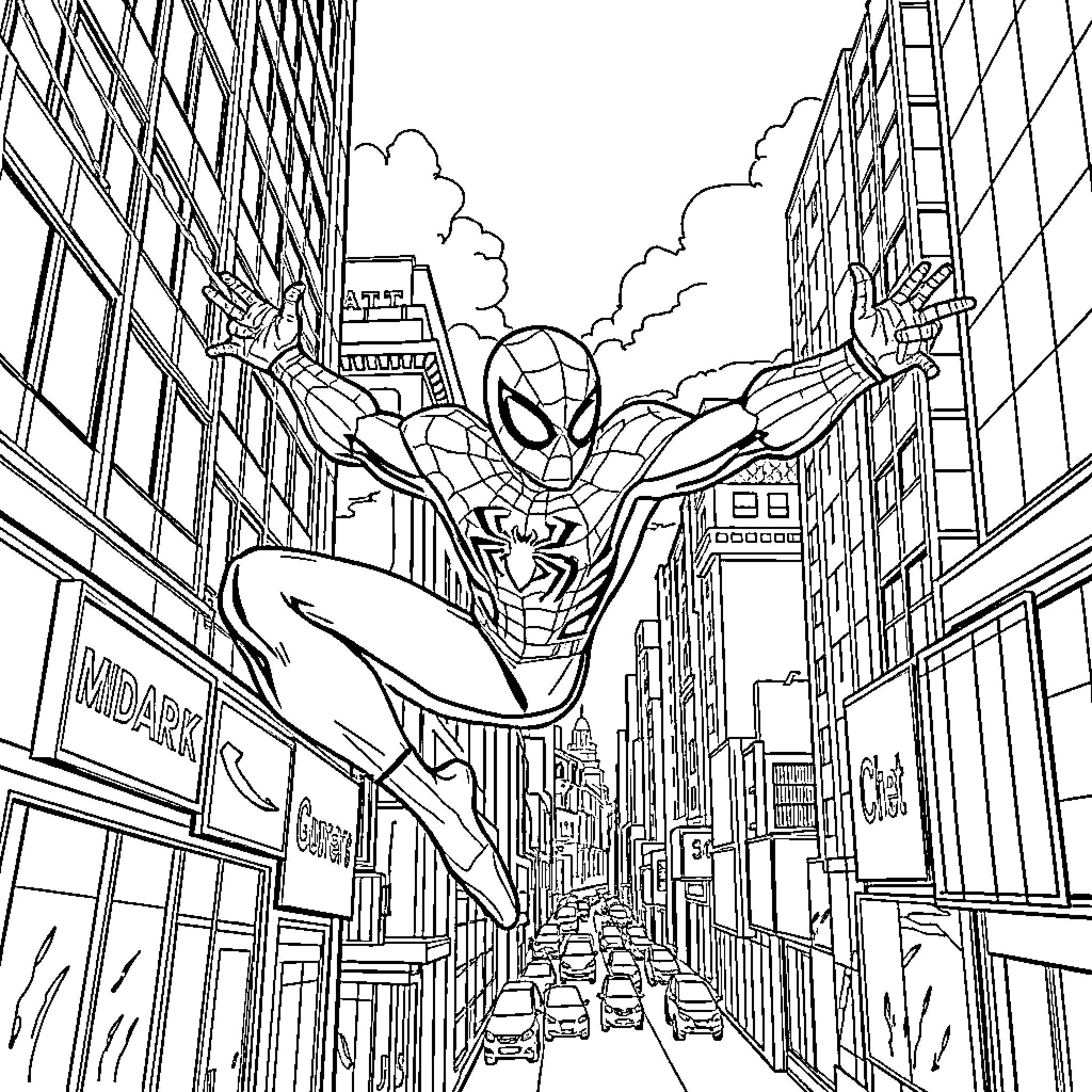 Spiderman swinging through the city streets Coloring Page (free black-and-white line drawing printable PDF for all, from beginners to advanced learners, including children, teens, adults, and seniors)