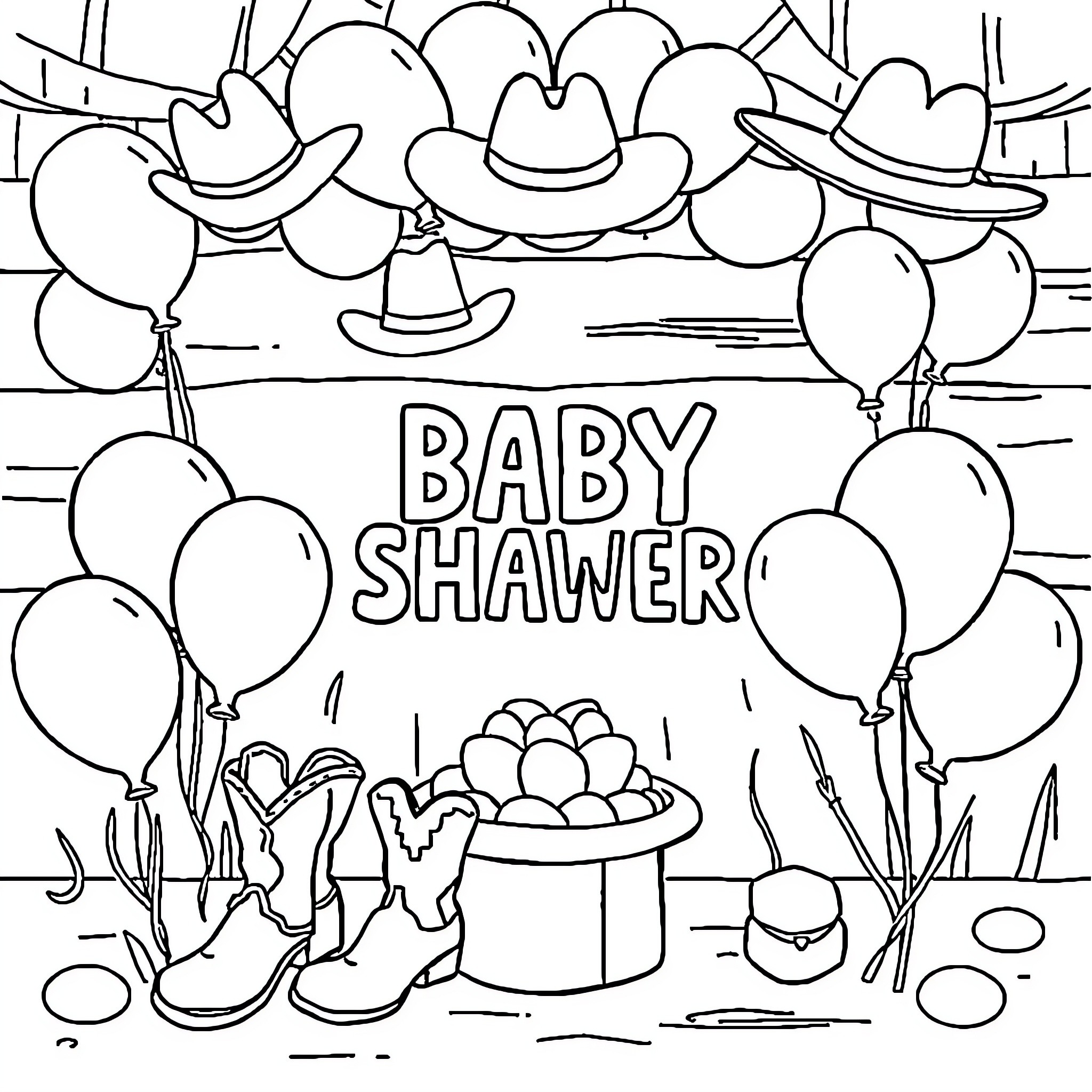 Cowboy-themed baby shower celebration Coloring Page (free black-and-white line drawing printable PDF for all, from beginners to advanced learners, including children, teens, adults, and seniors)