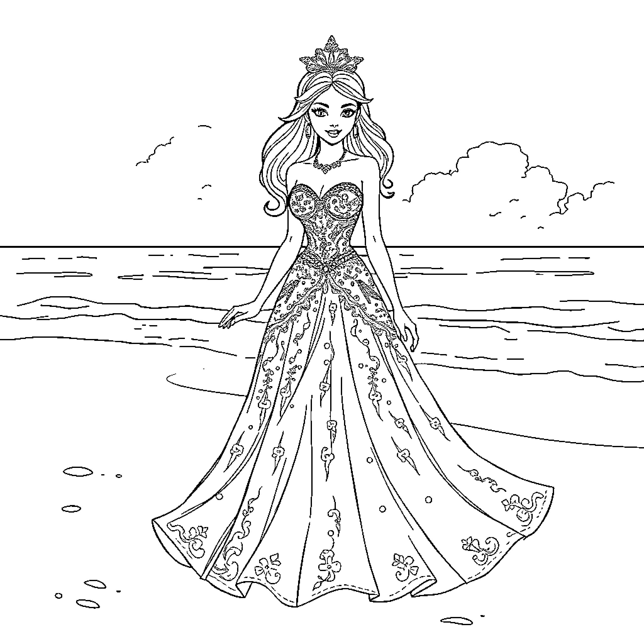 Princess in Elegant Gown by the Seaside Coloring Page (free black-and-white line drawing printable PDF for all, from beginners to advanced learners, including children, teens, adults, and seniors)