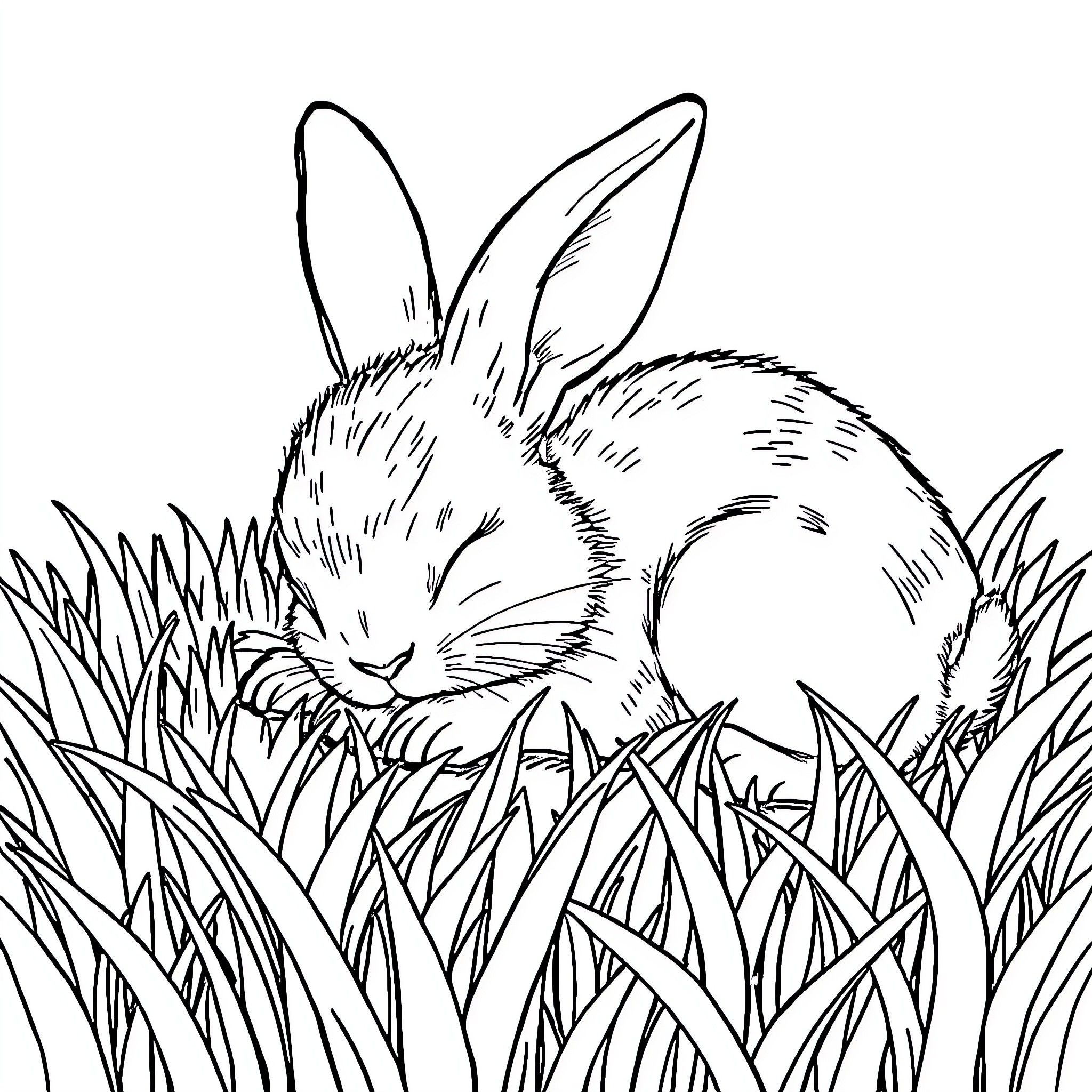 Bunny resting peacefully in tall grass Coloring Page (free black-and-white line drawing printable PDF for all, from beginners to advanced learners, including children, teens, adults, and seniors)