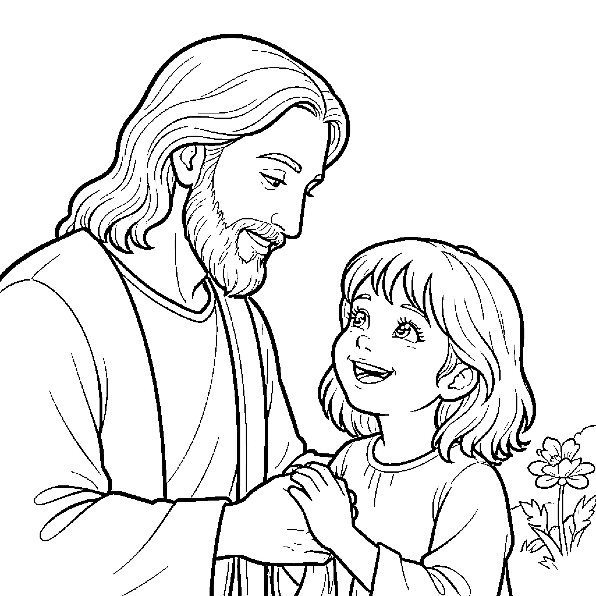 Jesucristo sharing joy with a young child Coloring Page (free black-and-white line drawing printable PDF for all, from beginners to advanced learners, including children, teens, adults, and seniors)