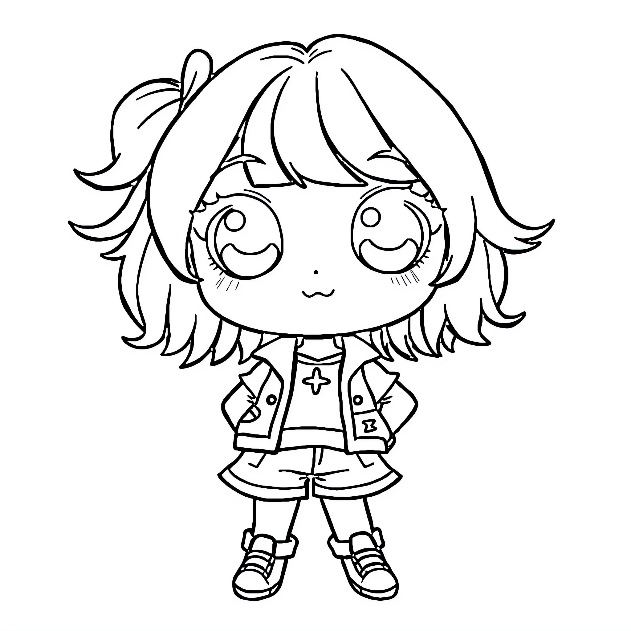 Chibi Girl with Cheerful Expression Coloring Page (free black-and-white line drawing printable PDF for all, from beginners to advanced learners, including children, teens, adults, and seniors)