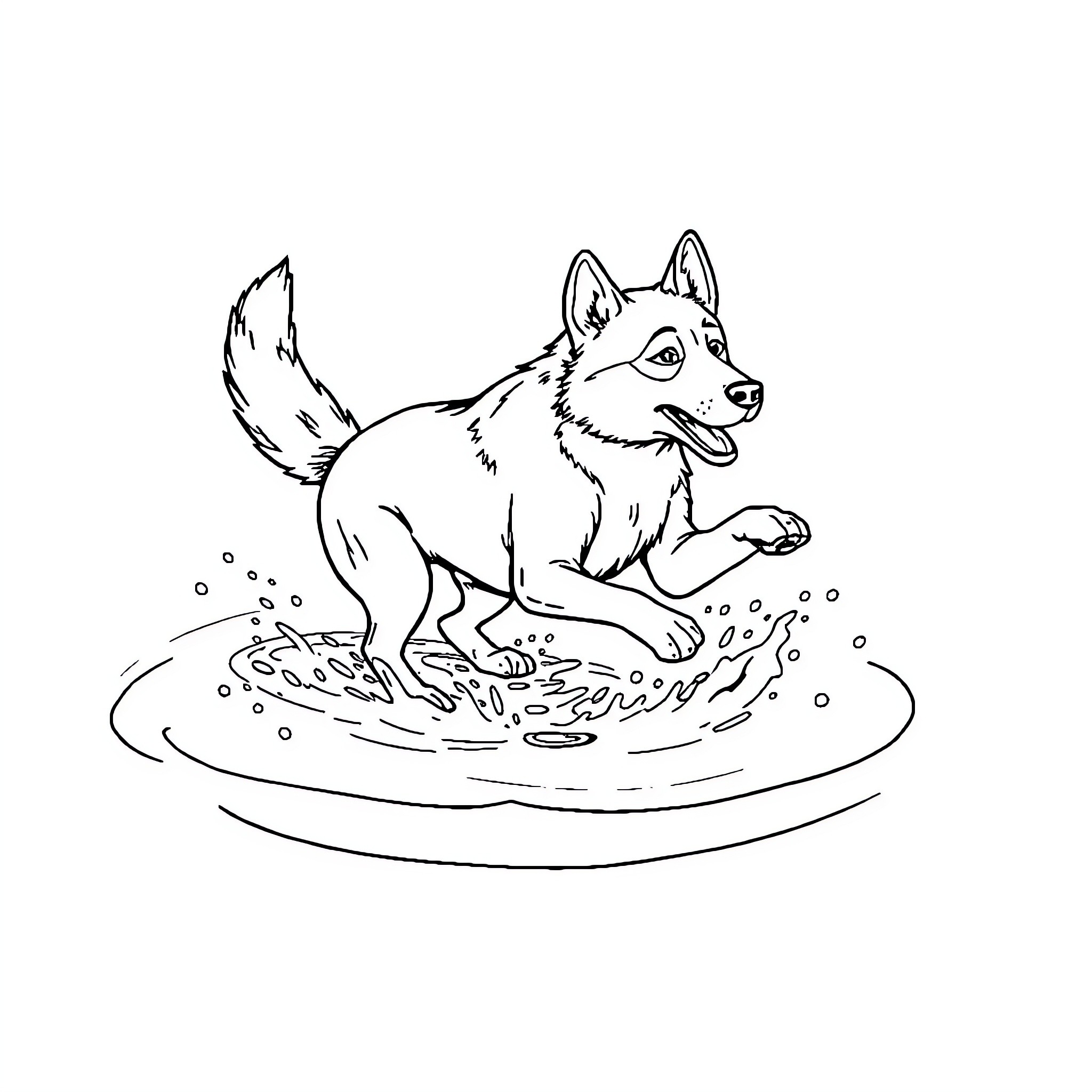 Dingo enjoying a playful splash in the water Coloring Page (free black-and-white line drawing printable PDF for all, from beginners to advanced learners, including children, teens, adults, and seniors)