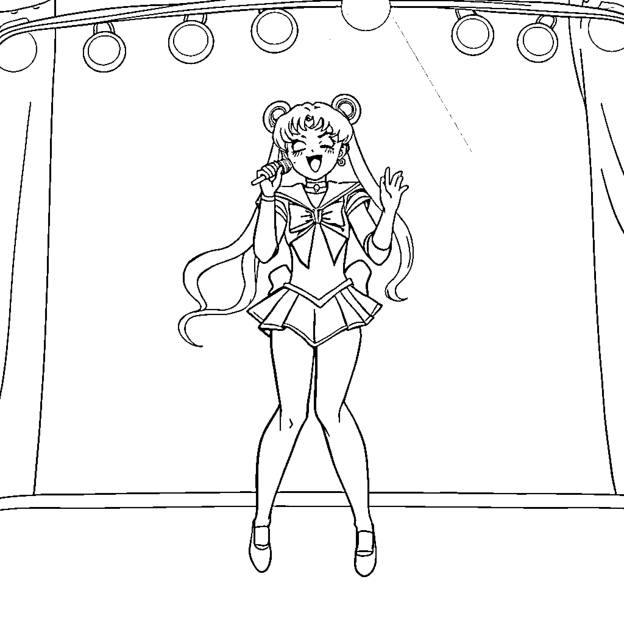 Sailor Moon character on stage in magical costume Coloring Page (free black-and-white line drawing printable PDF for all, from beginners to advanced learners, including children, teens, adults, and seniors)