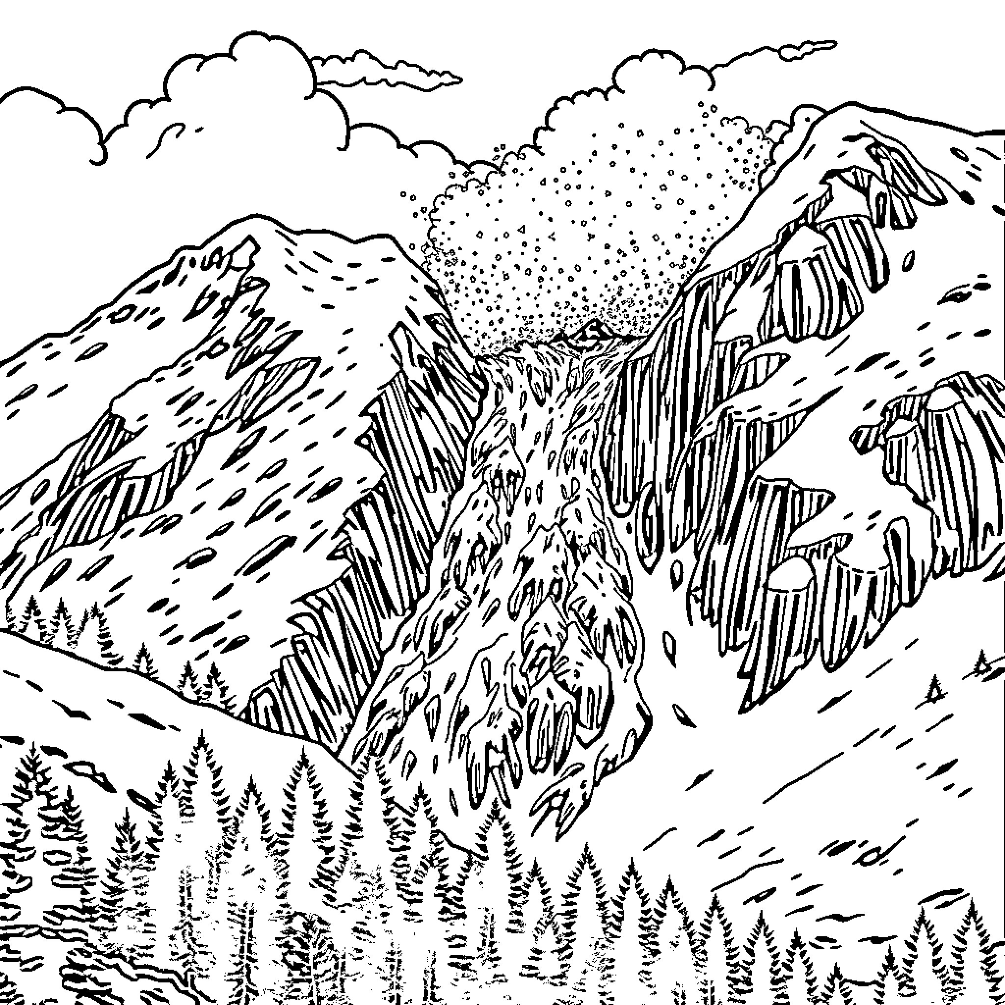 Avalanche of snow and debris in the mountains Coloring Page (free black-and-white line drawing printable PDF for all, from beginners to advanced learners, including children, teens, adults, and seniors)