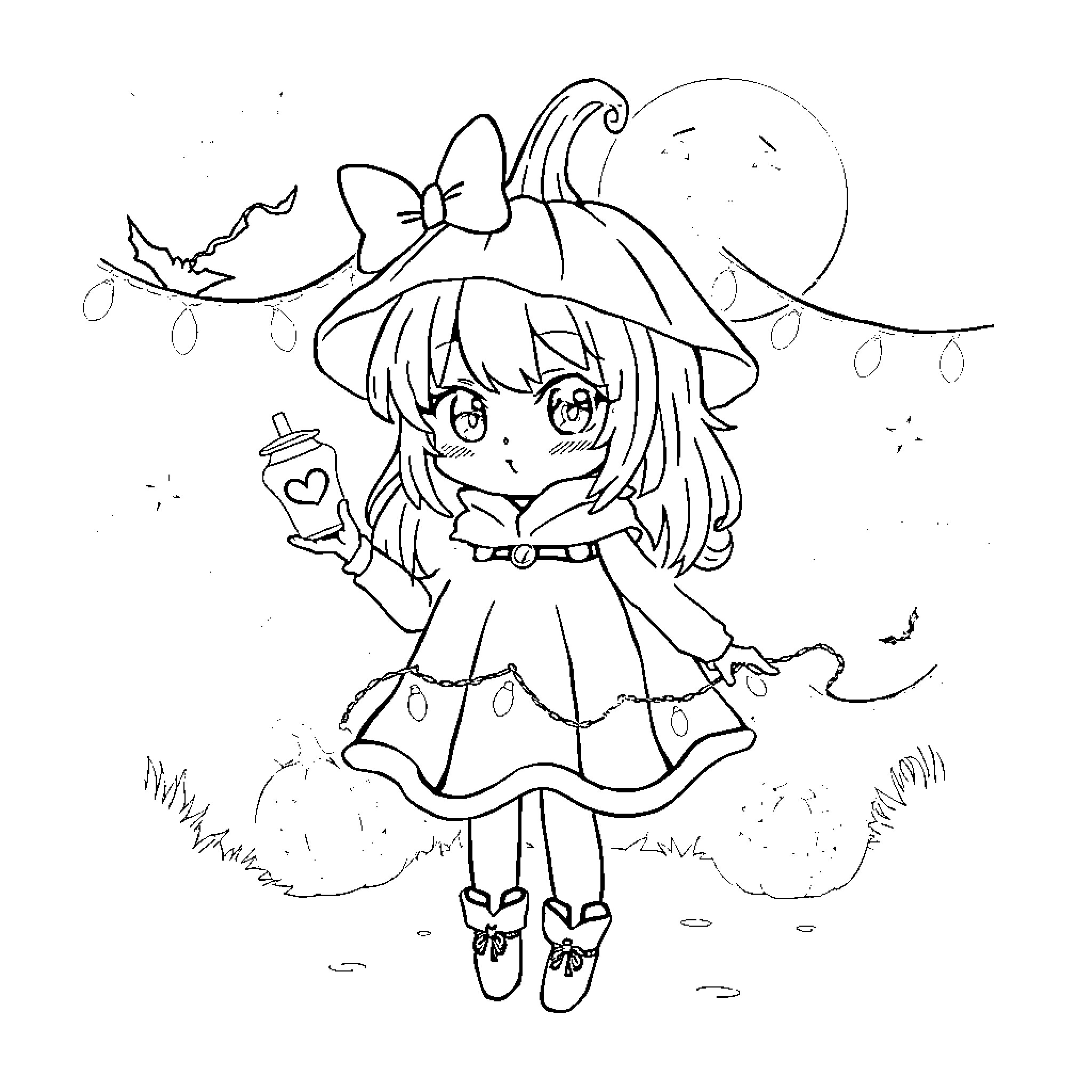 Kuromi enjoying a moonlit stroll with a heart-shaped drink Coloring Page (free black-and-white line drawing printable PDF for all, from beginners to advanced learners, including children, teens, adults, and seniors)