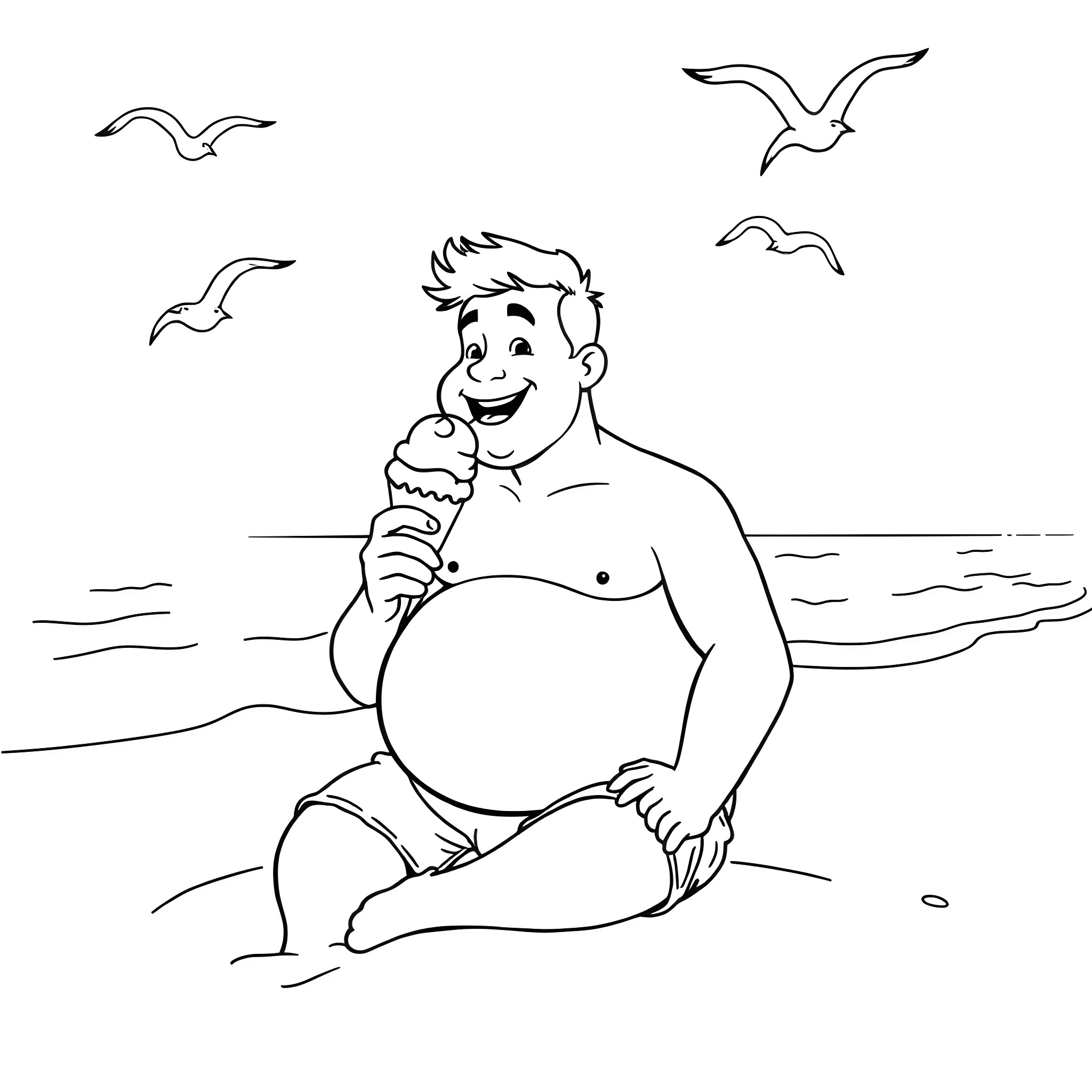Man enjoying ice cream on the beach Coloring Page (free black-and-white line drawing printable PDF for all, from beginners to advanced learners, including children, teens, adults, and seniors)