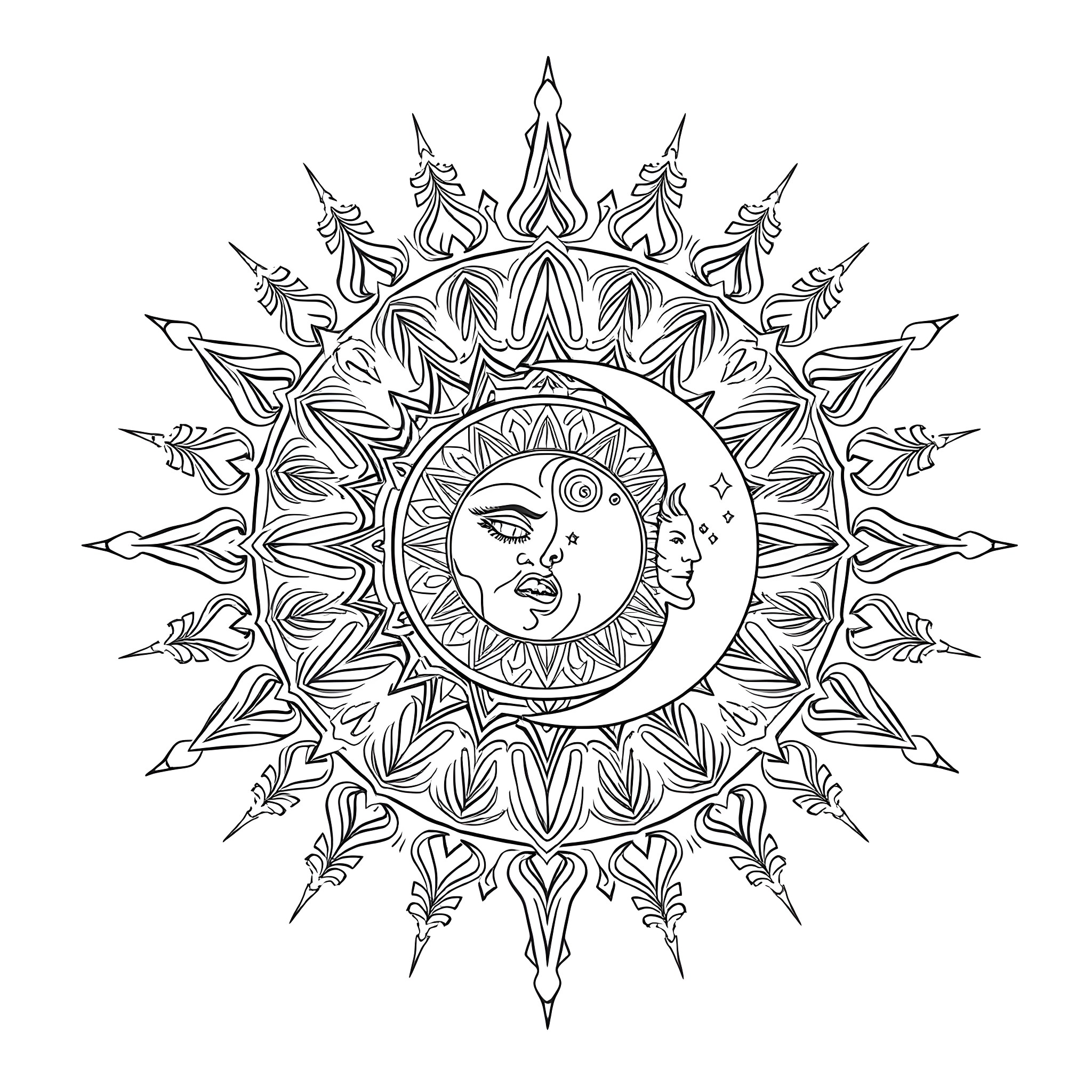 Mandala with Sun and Moon Symbols Coloring Page (free black-and-white line drawing printable PDF for all, from beginners to advanced learners, including children, teens, adults, and seniors)