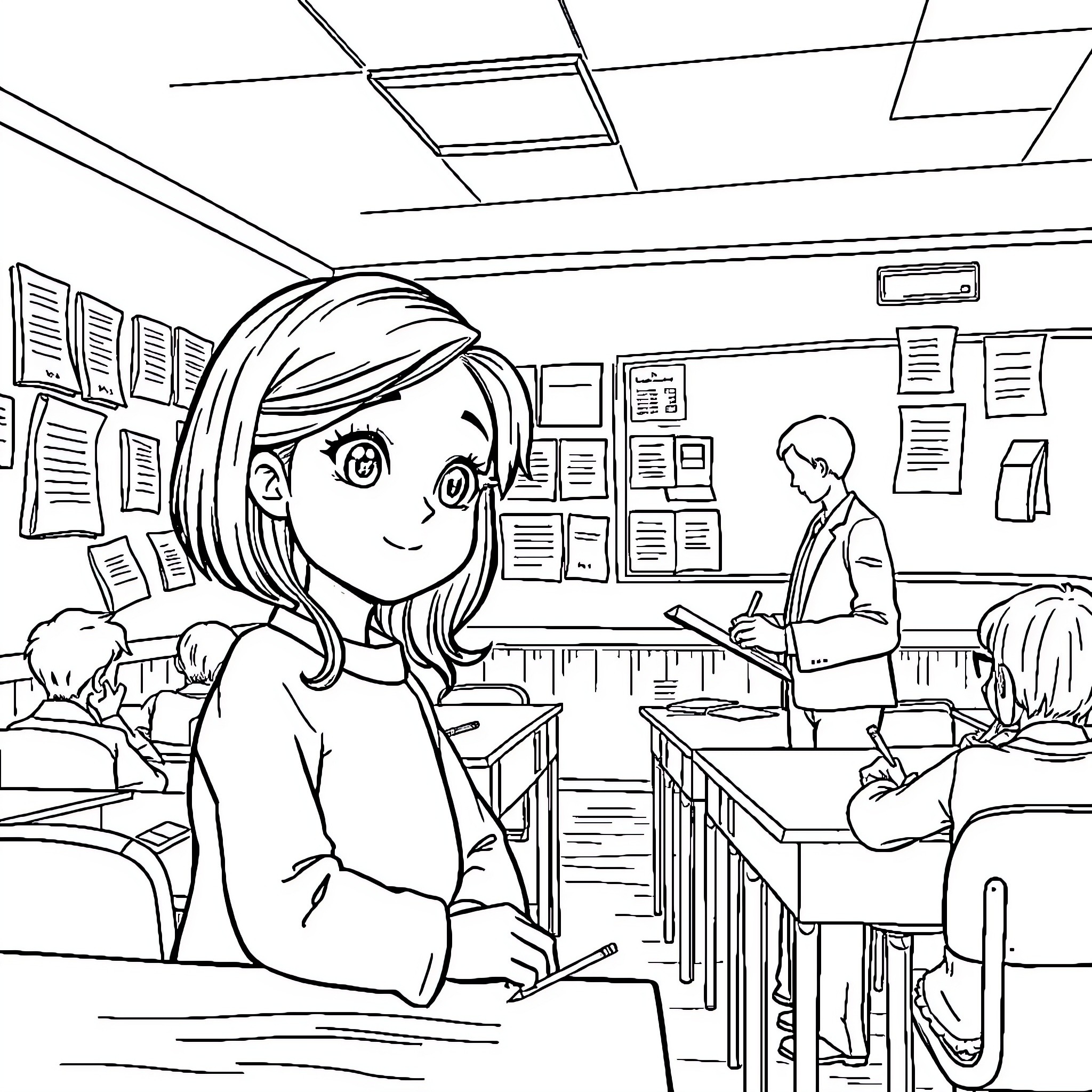 Fille dans une salle de classe active Coloring Page (free black-and-white line drawing printable PDF for all, from beginners to advanced learners, including children, teens, adults, and seniors)