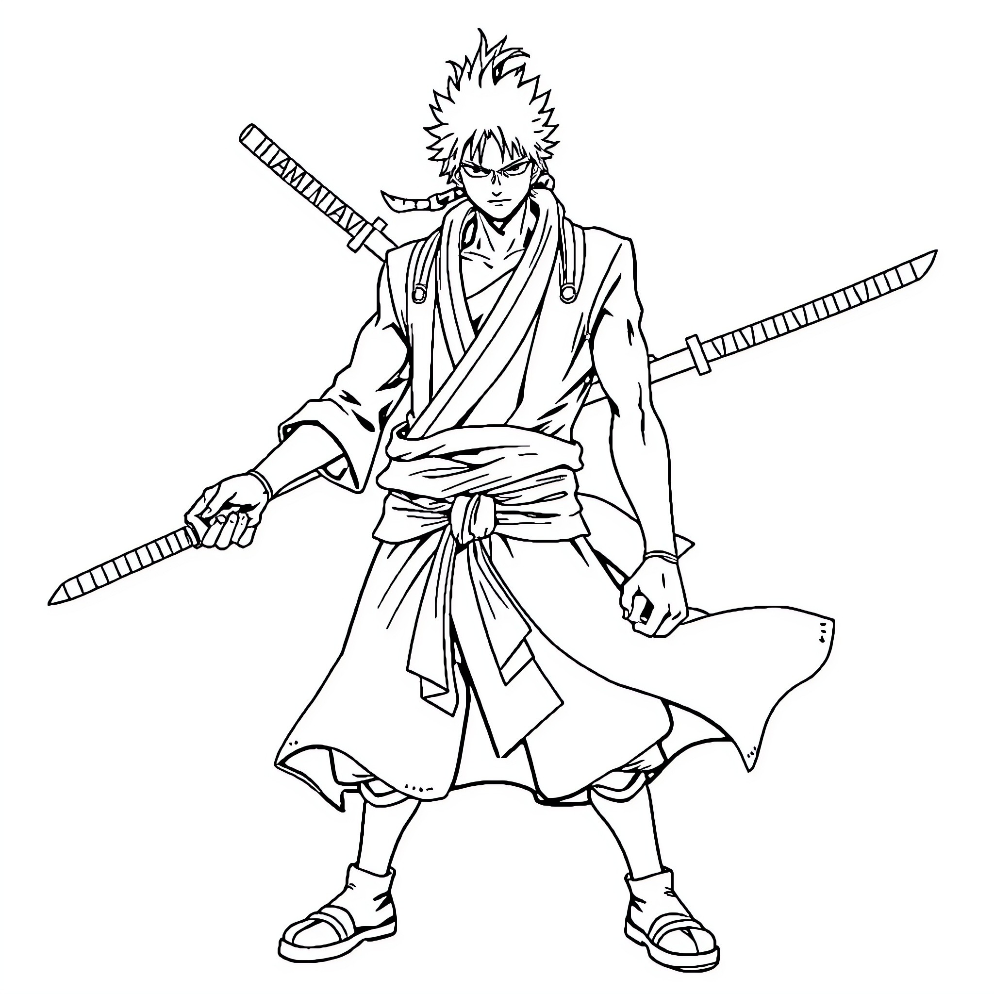 Zoro, the Swordsman, Stands Ready for Action Coloring Page (free black-and-white line drawing printable PDF for all, from beginners to advanced learners, including children, teens, adults, and seniors)