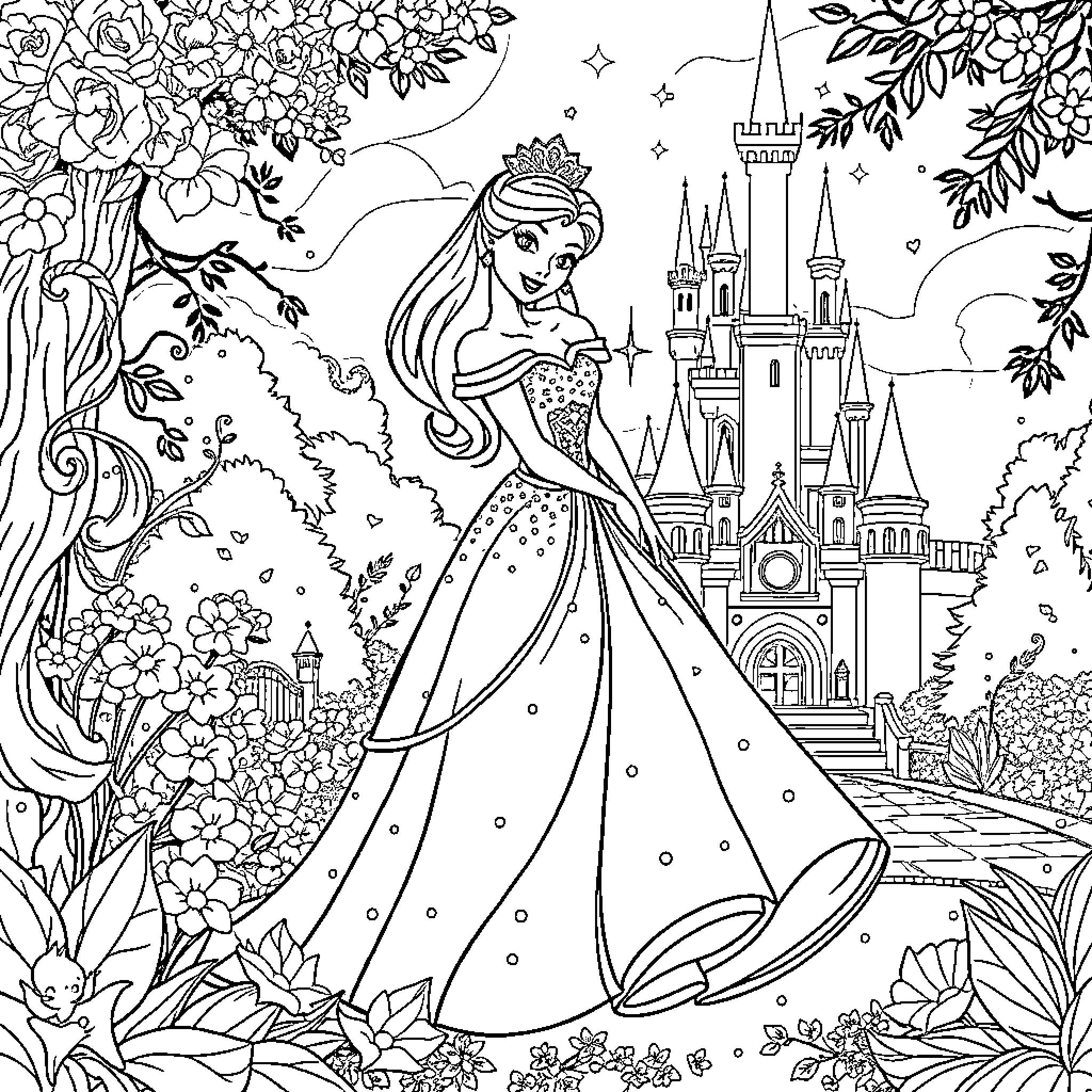 Disney Princess in a Enchanting Castle Garden Coloring Page (free black-and-white line drawing printable PDF for all, from beginners to advanced learners, including children, teens, adults, and seniors)