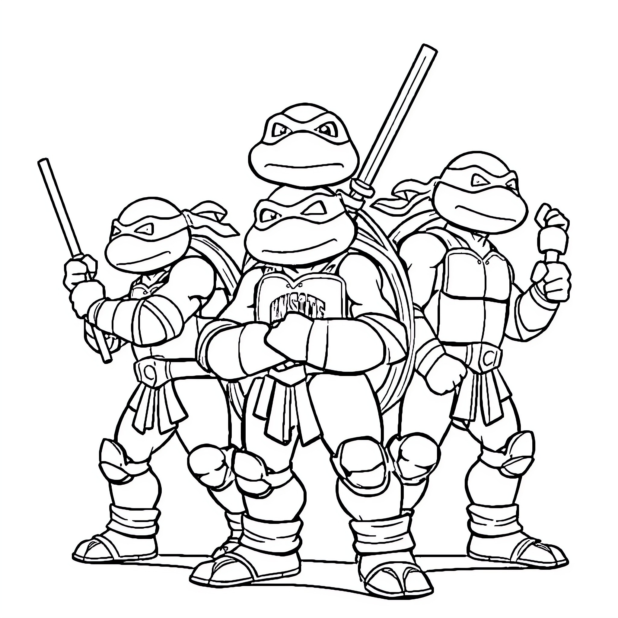 Ninja Turtles in action-ready poses Coloring Page (free black-and-white line drawing printable PDF for all, from beginners to advanced learners, including children, teens, adults, and seniors)