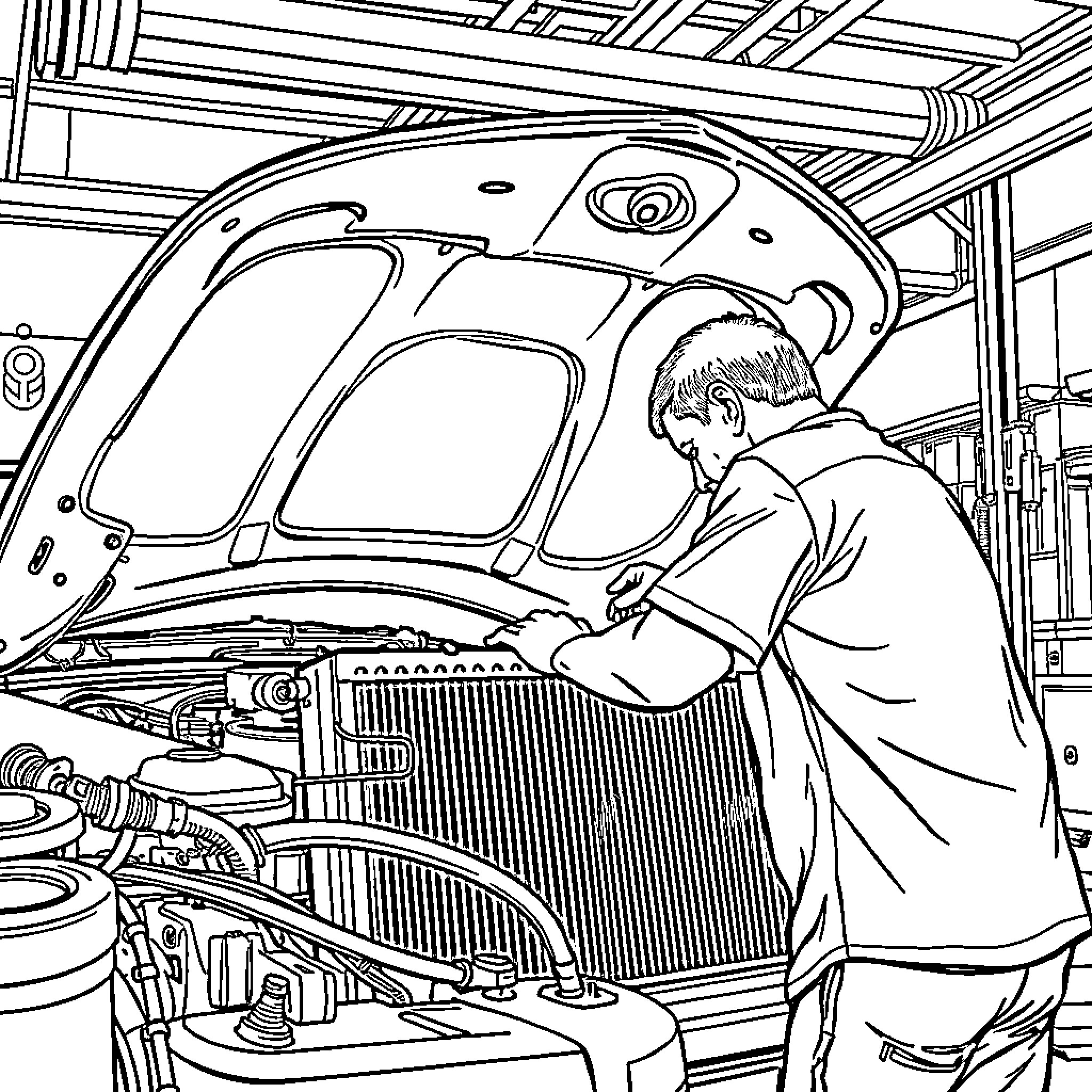 Man Working on Vehicle Engine Coloring Page (free black-and-white line drawing printable PDF for all, from beginners to advanced learners, including children, teens, adults, and seniors)