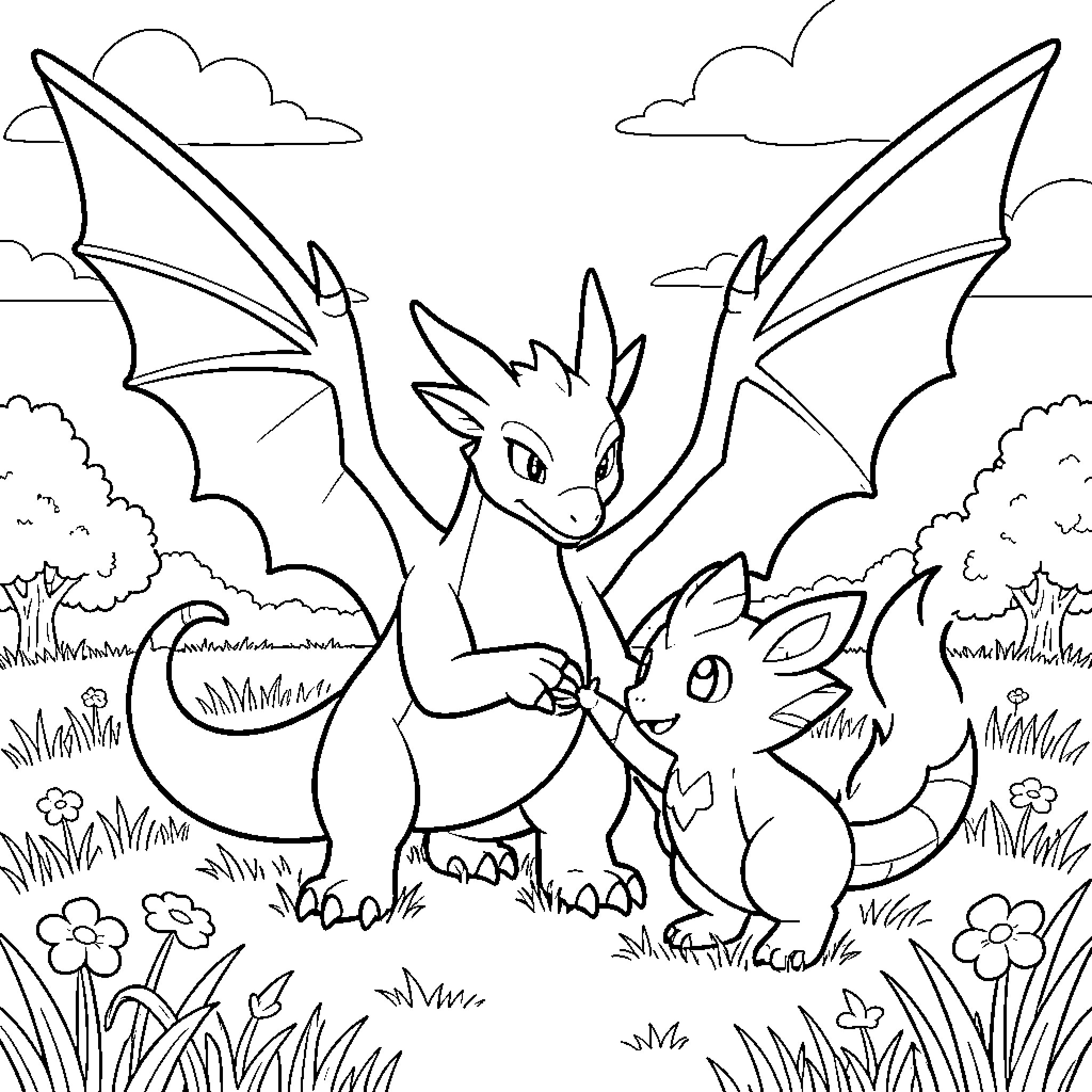Dracaufeu and friends in a nature scene Coloring Page (free black-and-white line drawing printable PDF for all, from beginners to advanced learners, including children, teens, adults, and seniors)