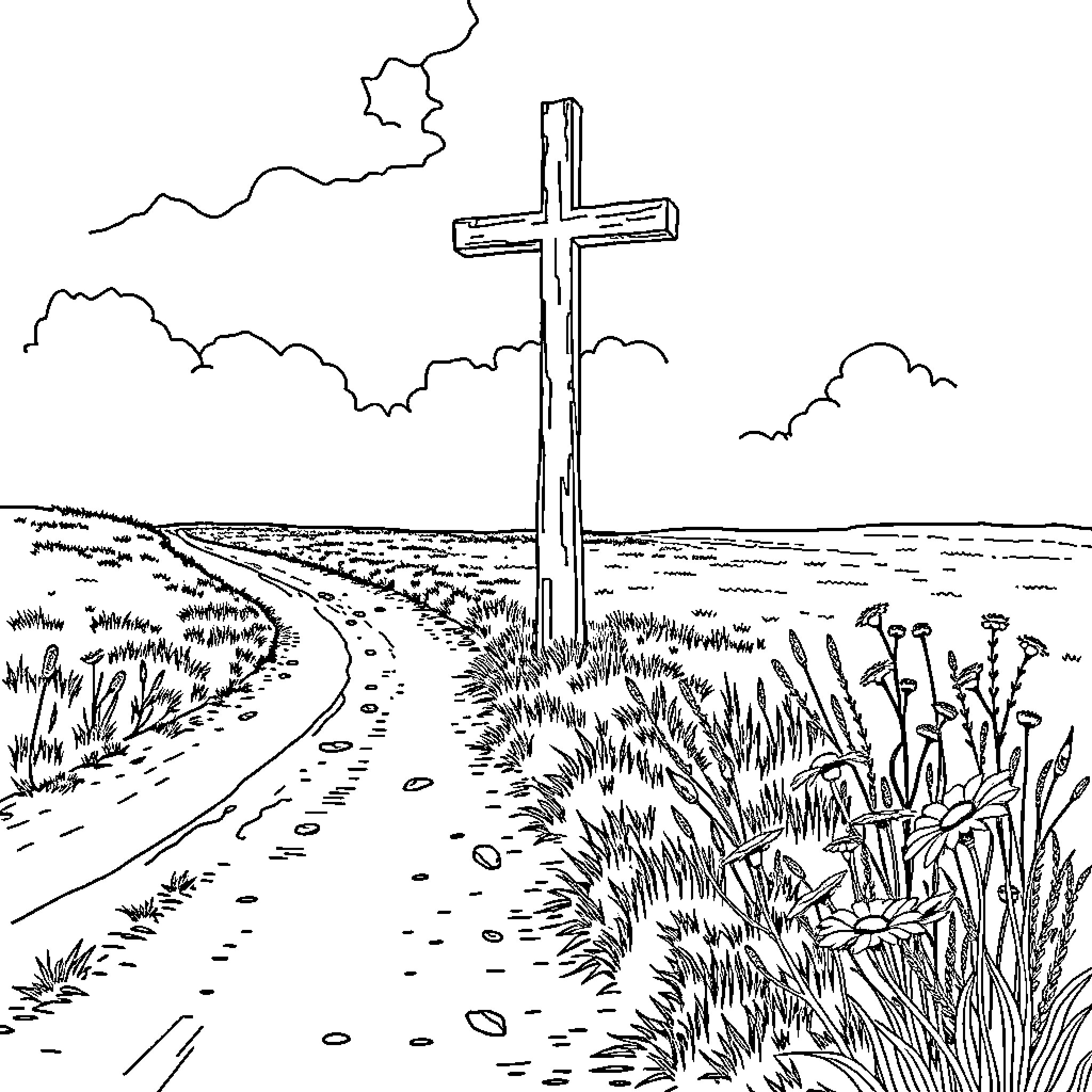 Cross standing tall in a peaceful landscape Coloring Page (free black-and-white line drawing printable PDF for all, from beginners to advanced learners, including children, teens, adults, and seniors)