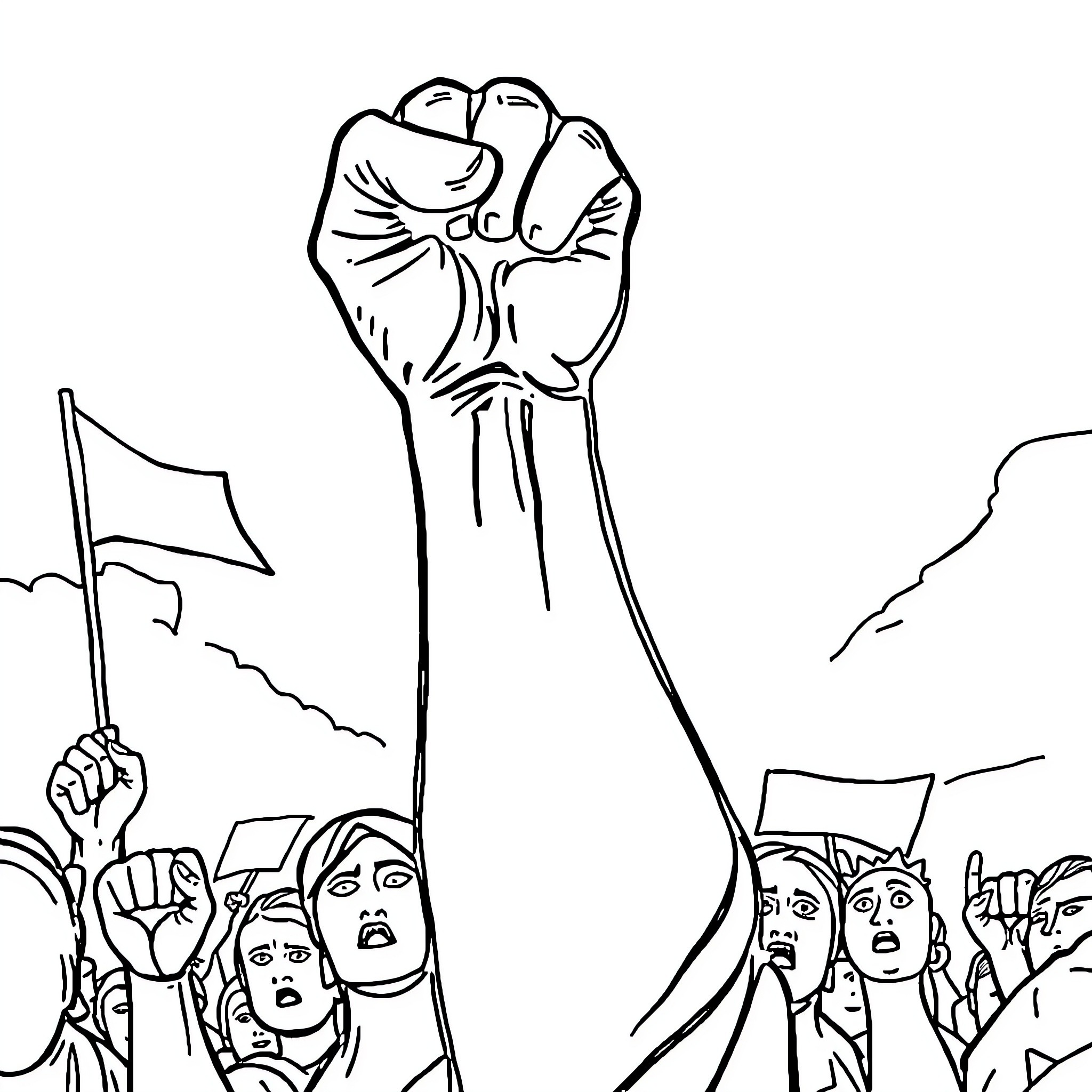 Fist raised in solidarity with protesters Coloring Page (free black-and-white line drawing printable PDF for all, from beginners to advanced learners, including children, teens, adults, and seniors)