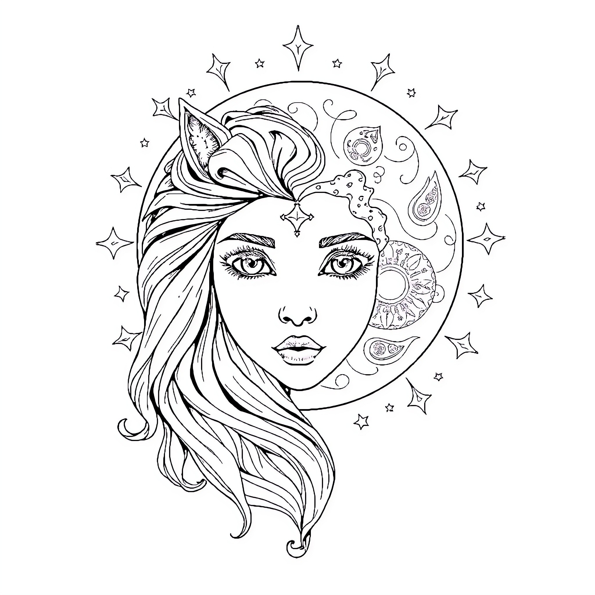 Luna's Celestial Beauty Coloring Page (free black-and-white line drawing printable PDF for all, from beginners to advanced learners, including children, teens, adults, and seniors)