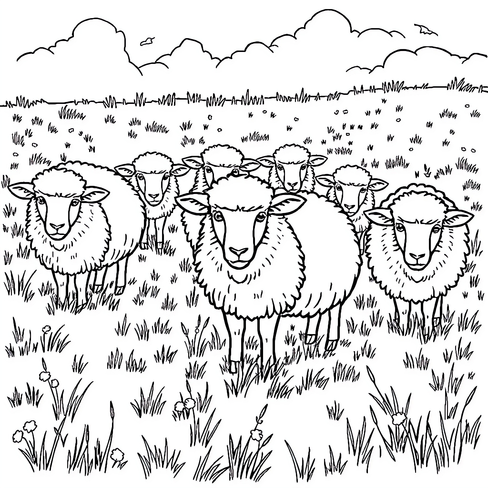 Sheep grazing peacefully in a pastoral meadow Coloring Page (free black-and-white line drawing printable PDF for all, from beginners to advanced learners, including children, teens, adults, and seniors)