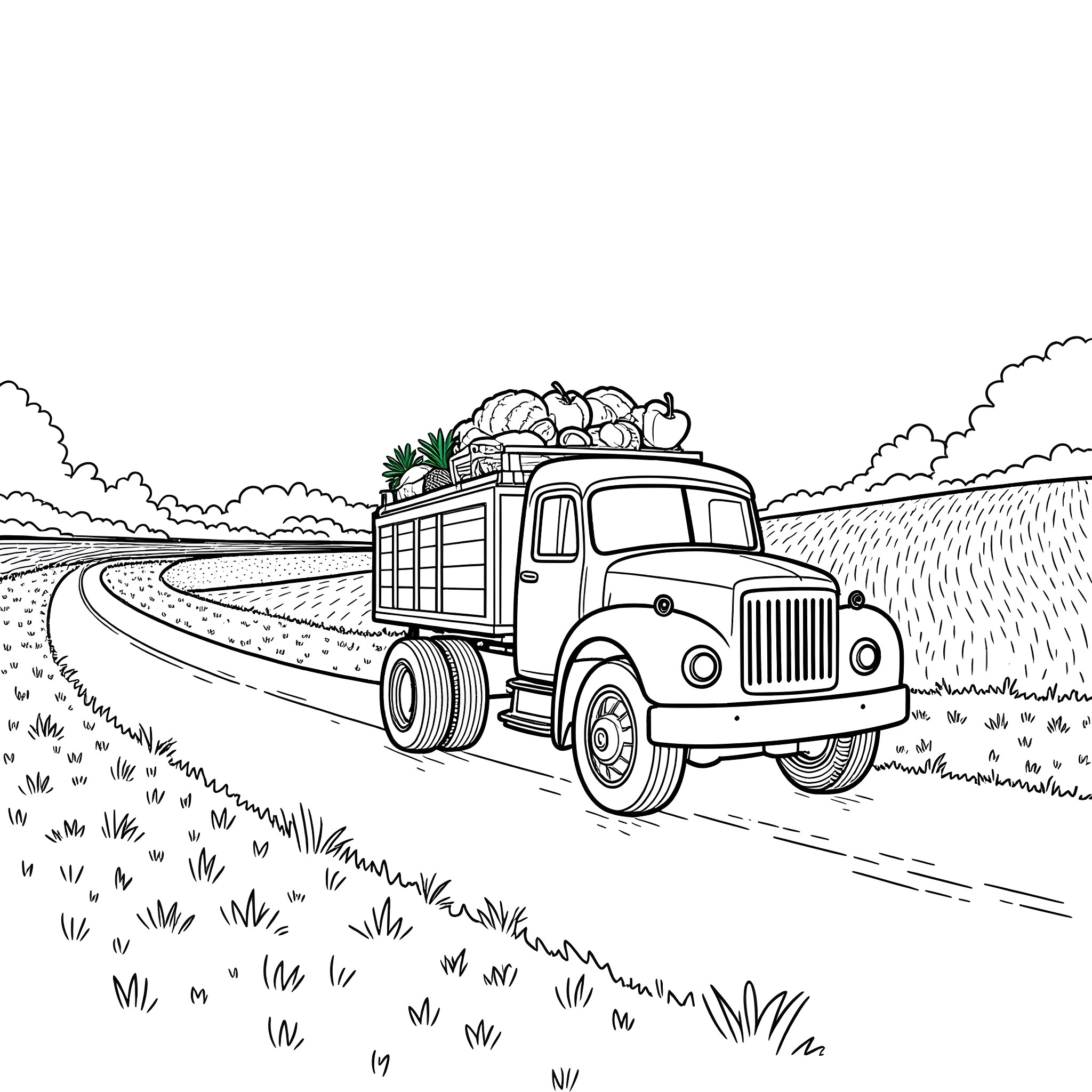 Truck transporting produce on rural road Coloring Page (free black-and-white line drawing printable PDF for all, from beginners to advanced learners, including children, teens, adults, and seniors)