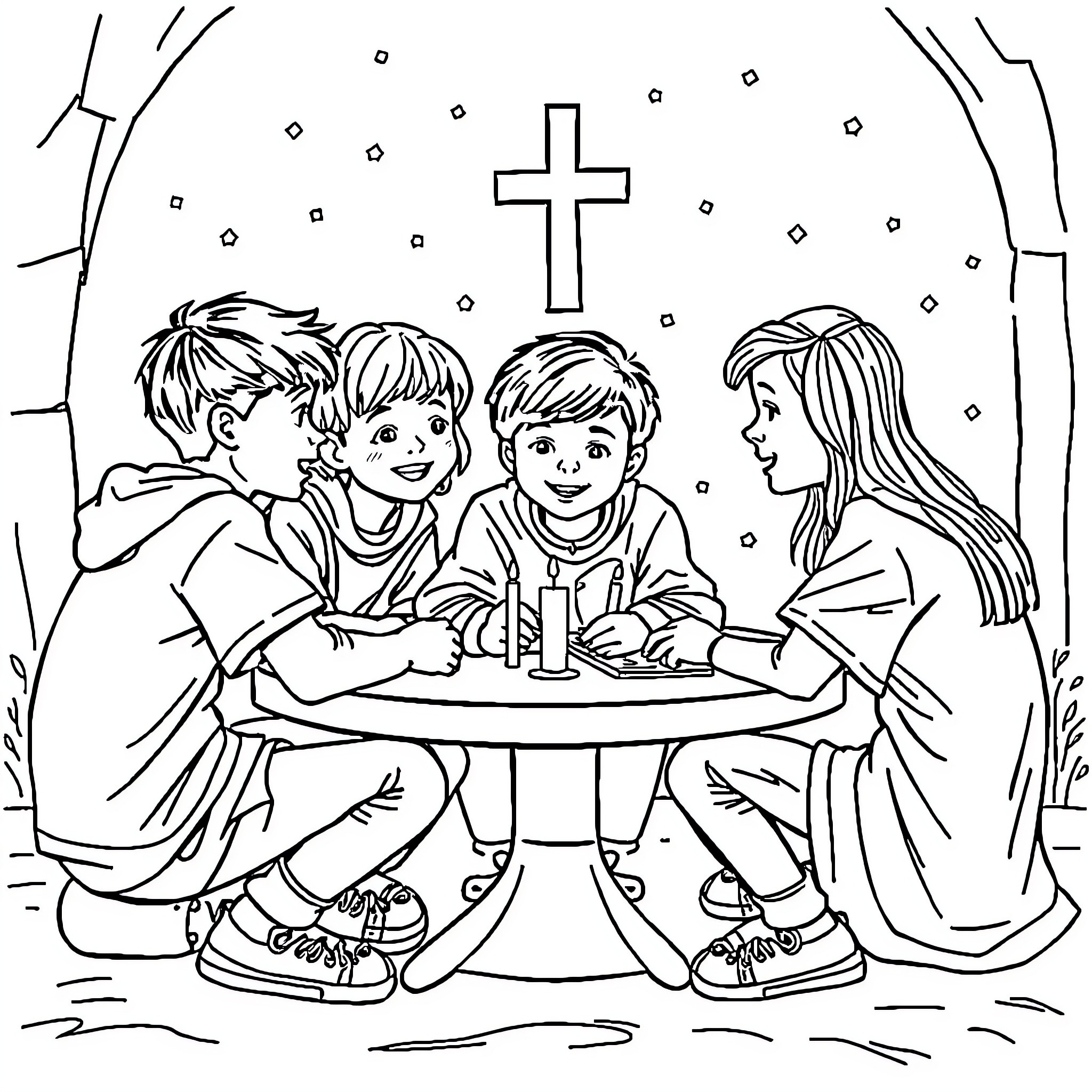 Youth Group Gathering at the Church Coloring Page (free black-and-white line drawing printable PDF for all, from beginners to advanced learners, including children, teens, adults, and seniors)