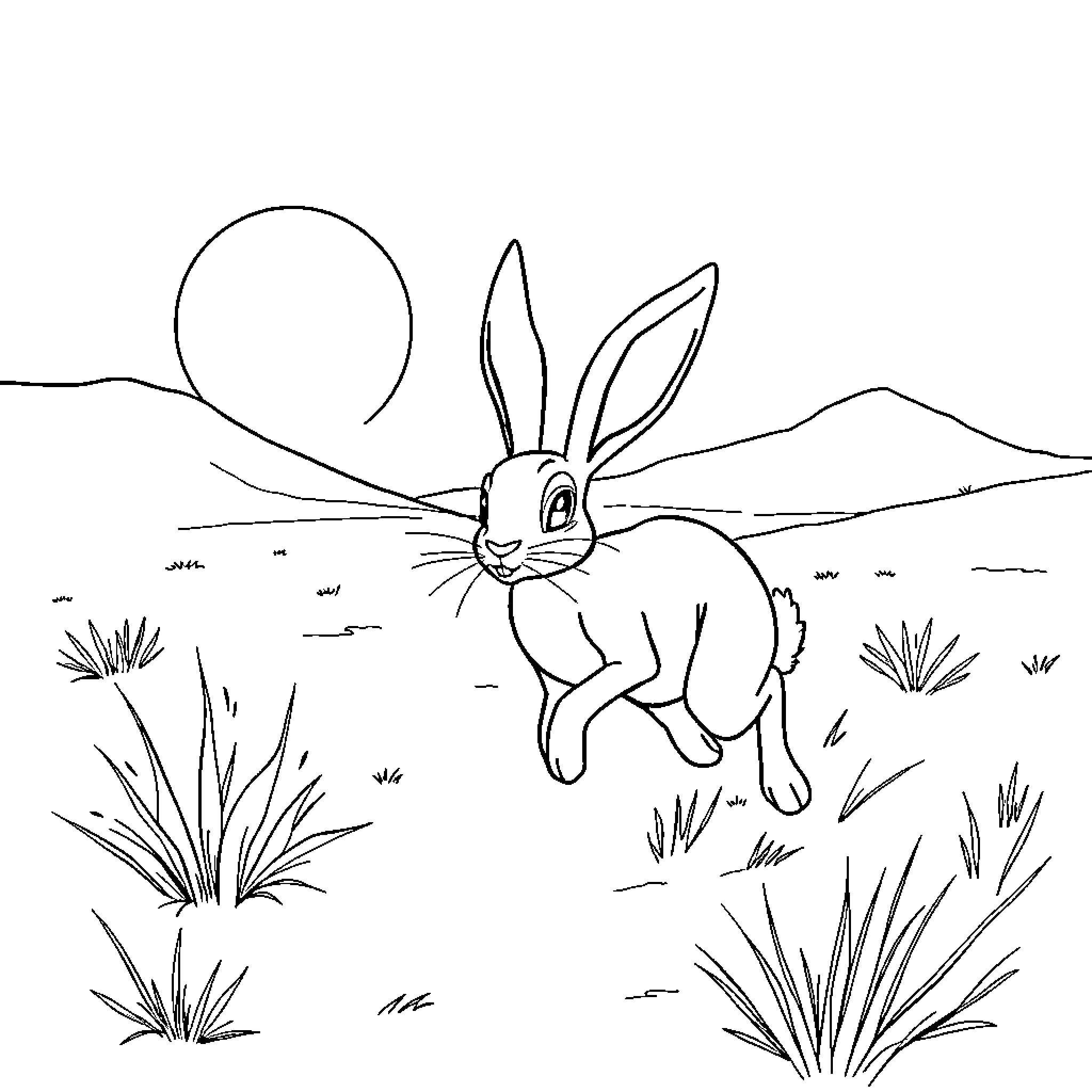 Jackrabbit hopping happily in the landscape Coloring Page (free black-and-white line drawing printable PDF for all, from beginners to advanced learners, including children, teens, adults, and seniors)