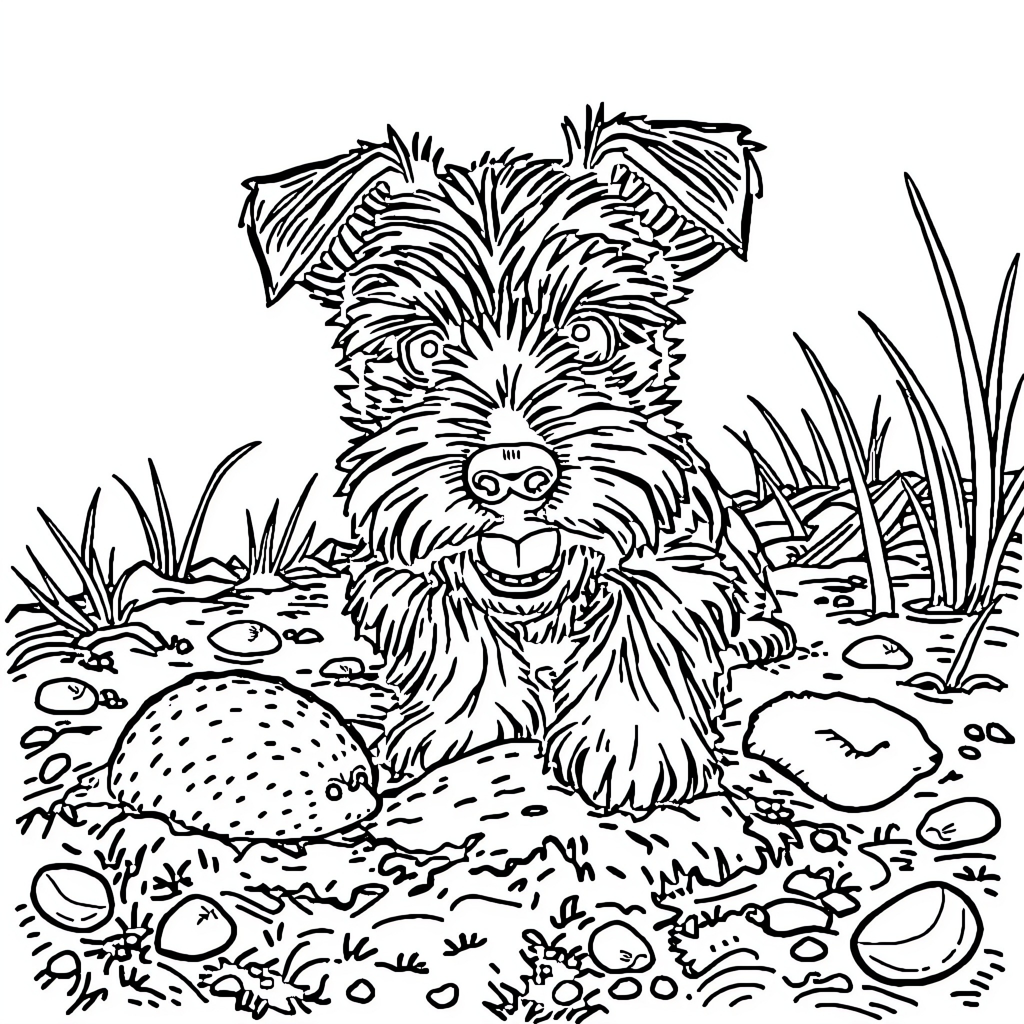 Schnauzer playing happily in nature Coloring Page (free black-and-white line drawing printable PDF for all, from beginners to advanced learners, including children, teens, adults, and seniors)