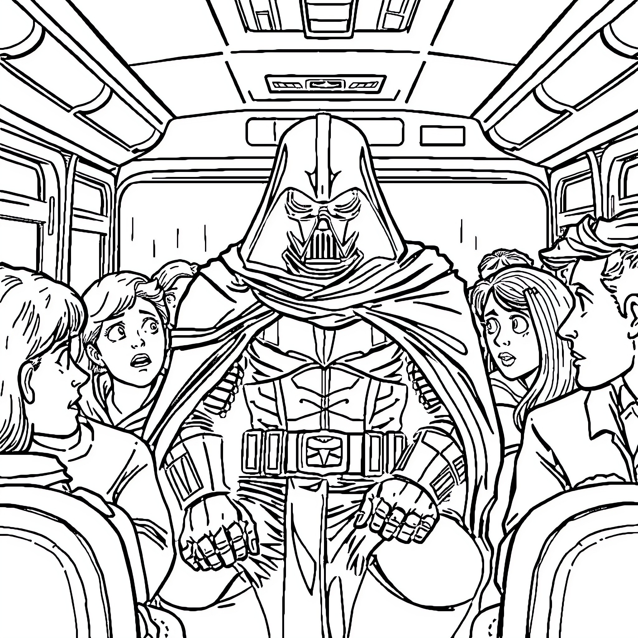 Darkvador threatens passengers on a crowded bus Coloring Page (free black-and-white line drawing printable PDF for all, from beginners to advanced learners, including children, teens, adults, and seniors)