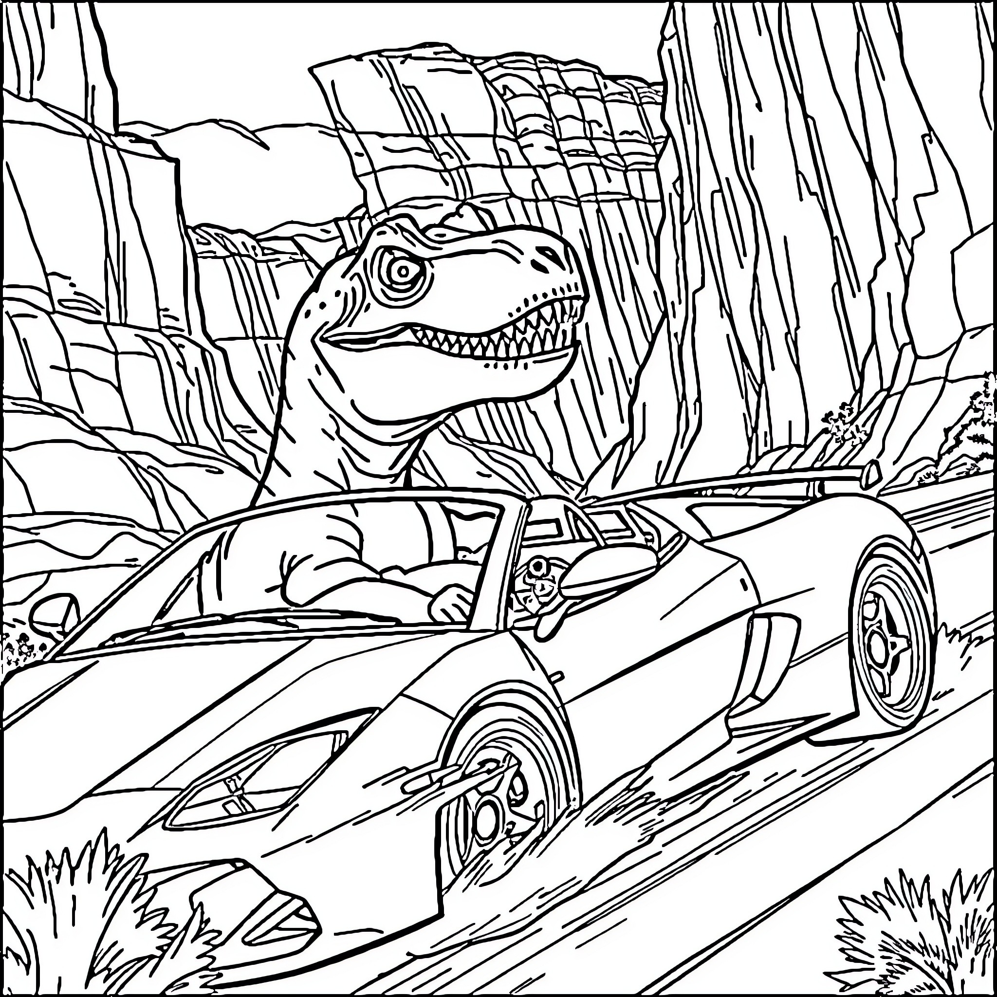 T-Rex driving sports car through prehistoric landscape Coloring Page (free black-and-white line drawing printable PDF for all, from beginners to advanced learners, including children, teens, adults, and seniors)