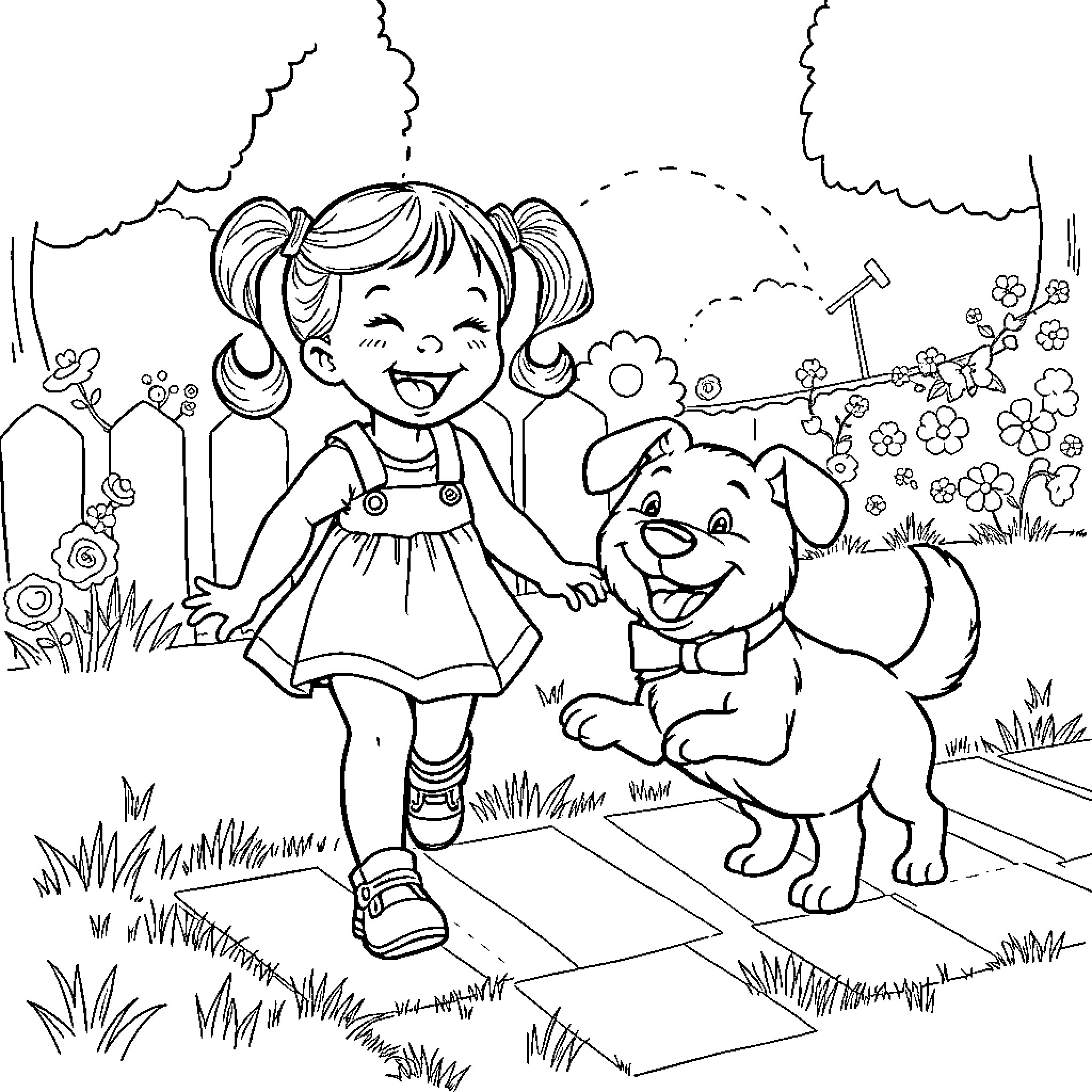 Girl happily playing with her dog in the garden Coloring Page (free black-and-white line drawing printable PDF for all, from beginners to advanced learners, including children, teens, adults, and seniors)