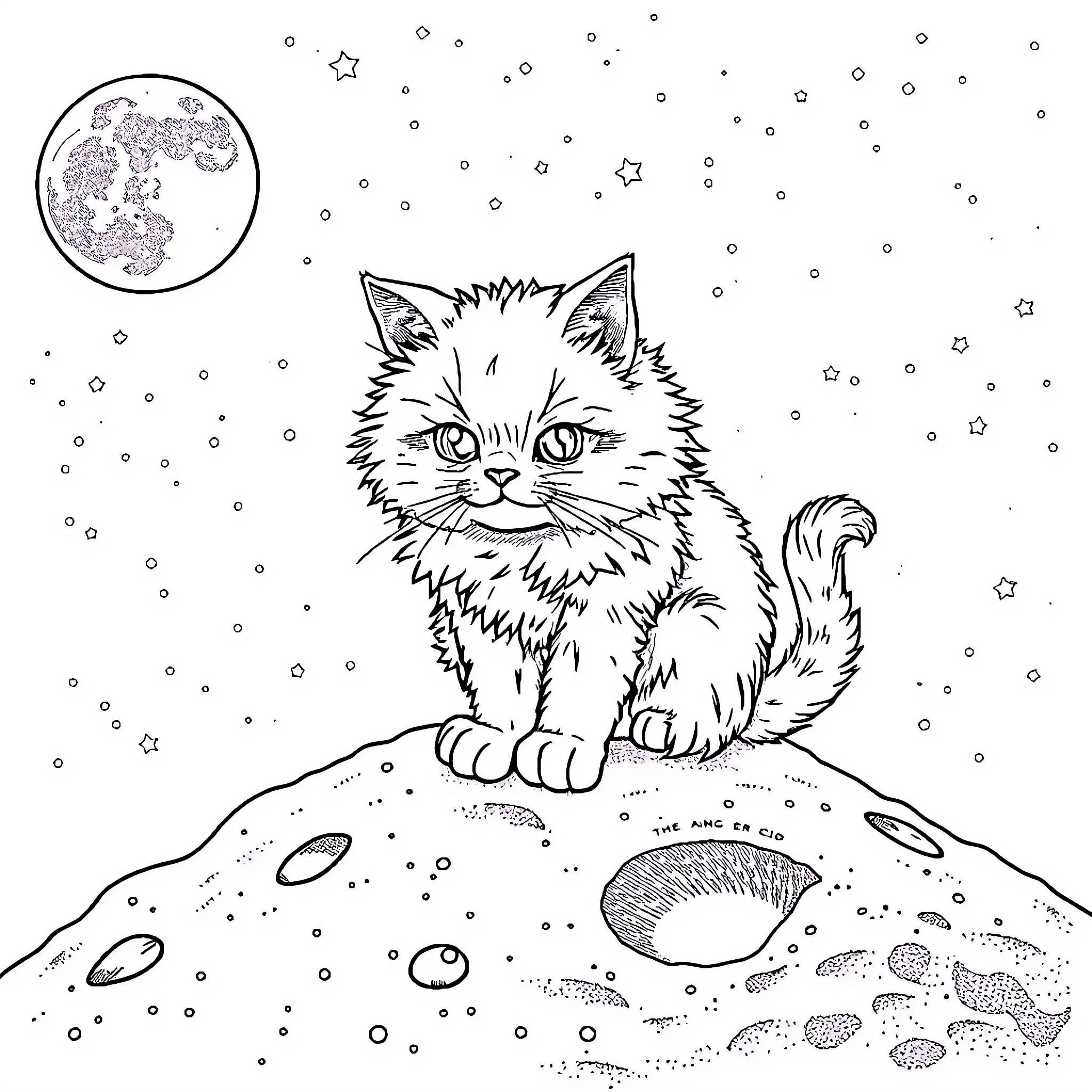 Cat gazing at the starry night sky Coloring Page (free black-and-white line drawing printable PDF for all, from beginners to advanced learners, including children, teens, adults, and seniors)