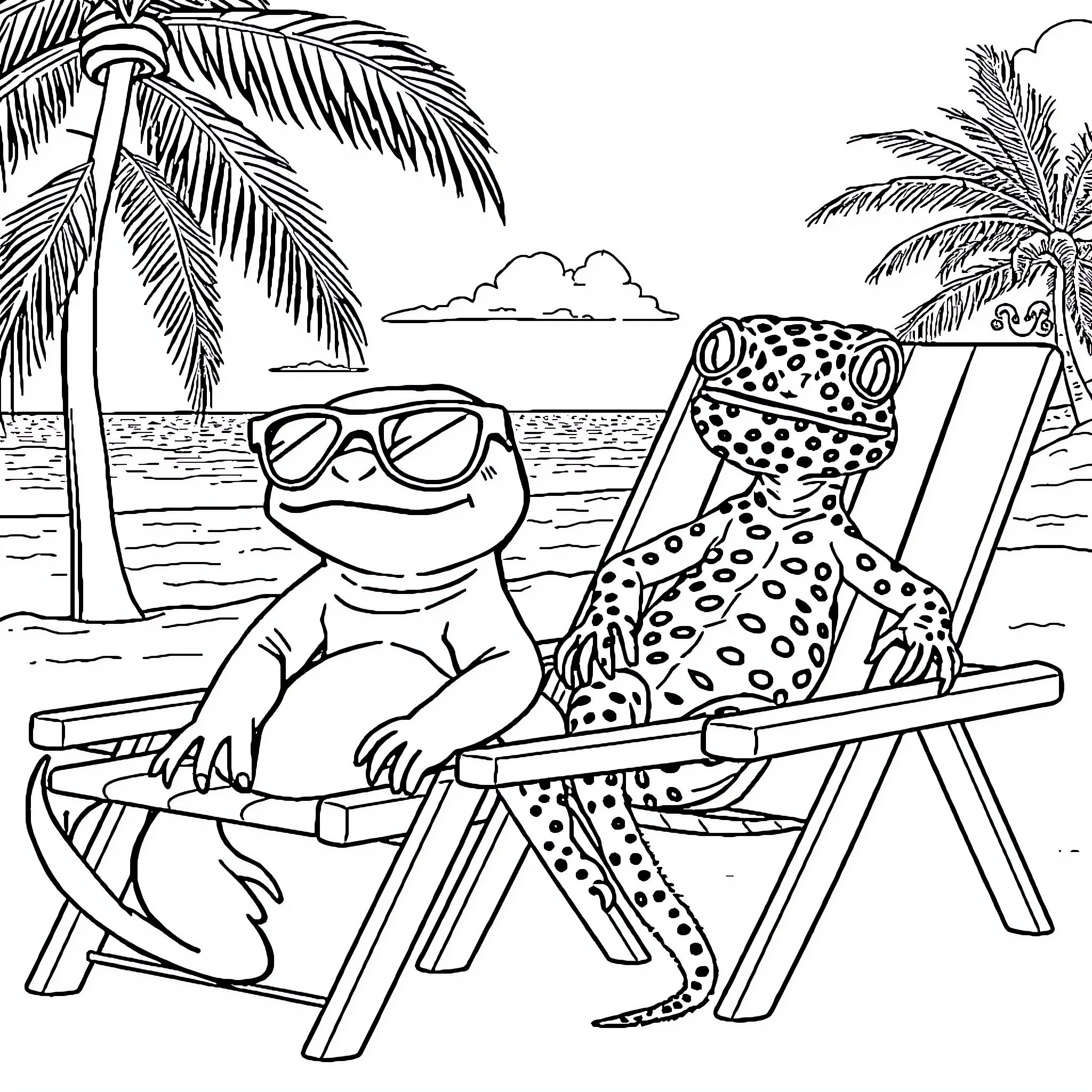 Axolotls enjoying a relaxing day at the beach Coloring Page (free black-and-white line drawing printable PDF for all, from beginners to advanced learners, including children, teens, adults, and seniors)