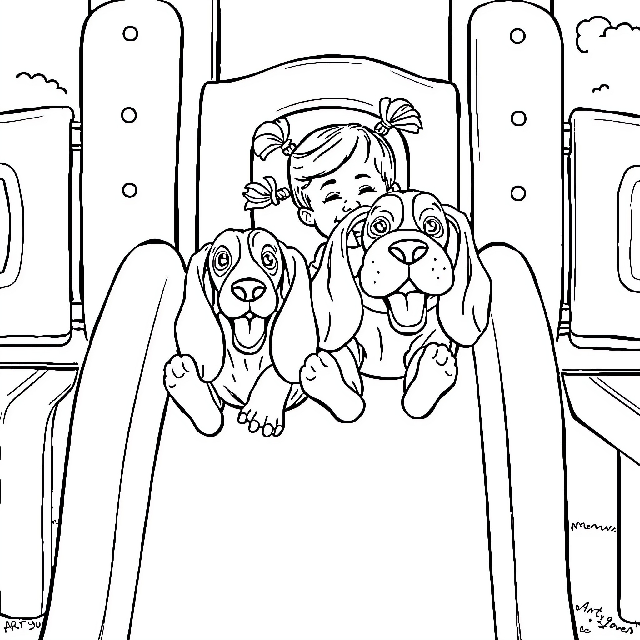 Toddler cuddling with her playful pups on the swing Coloring Page (free black-and-white line drawing printable PDF for all, from beginners to advanced learners, including children, teens, adults, and seniors)