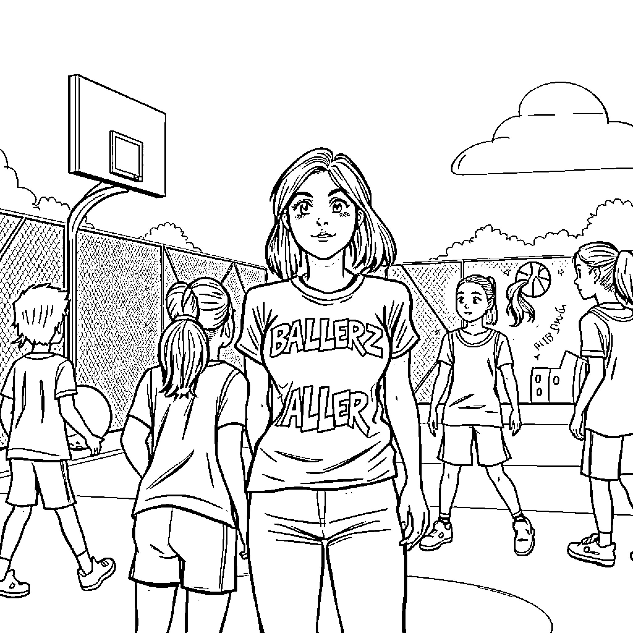 Basketball players on the court Coloring Page (free black-and-white line drawing printable PDF for all, from beginners to advanced learners, including children, teens, adults, and seniors)