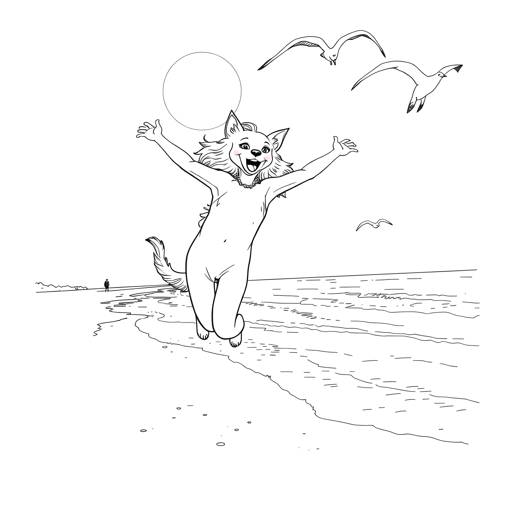 Thelma's joyful romp on the beach Coloring Page (free black-and-white line drawing printable PDF for all, from beginners to advanced learners, including children, teens, adults, and seniors)