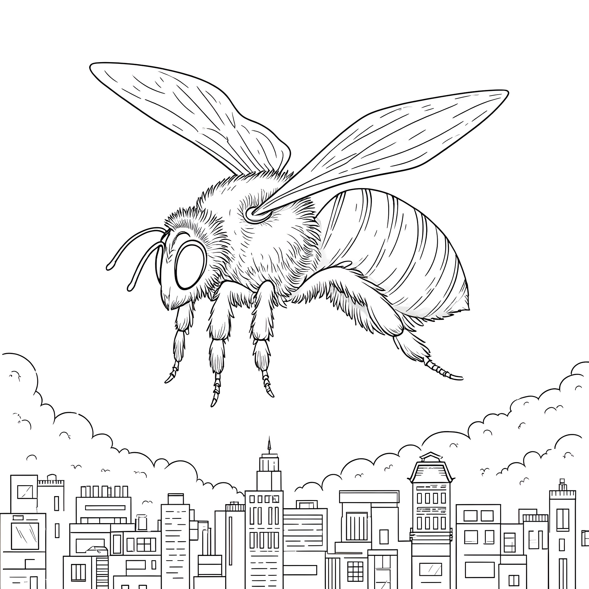 Bumble Bee Hovering Over City Skyline Coloring Page (free black-and-white line drawing printable PDF for all, from beginners to advanced learners, including children, teens, adults, and seniors)
