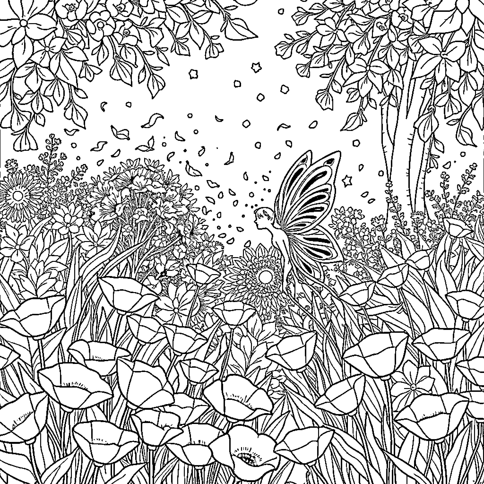 Fee Fluttering Flowers and Fantastical Fauna Coloring Page (free black-and-white line drawing printable PDF for all, from beginners to advanced learners, including children, teens, adults, and seniors)