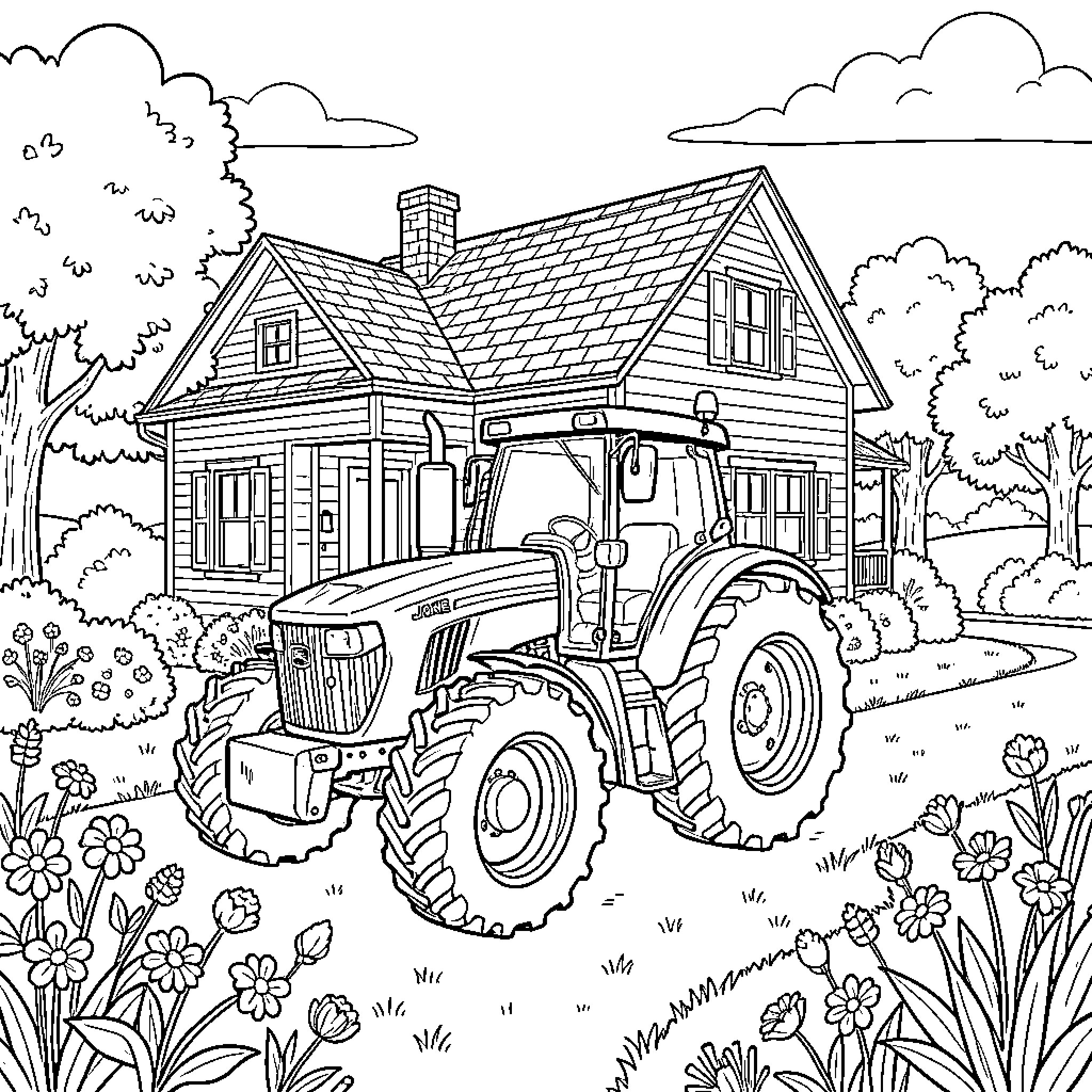 Tractor parked in front of a cozy farmhouse Coloring Page (free black-and-white line drawing printable PDF for all, from beginners to advanced learners, including children, teens, adults, and seniors)