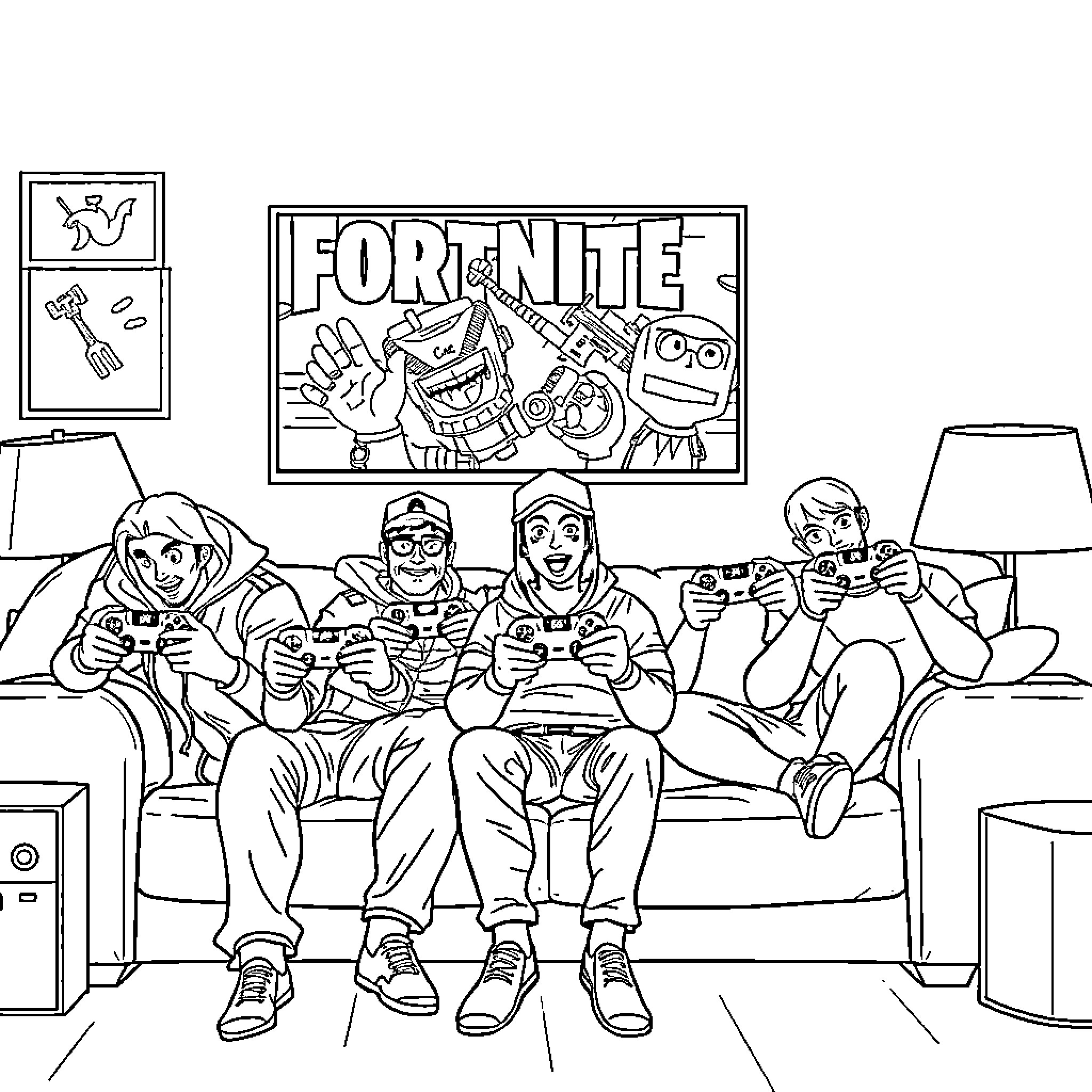 Fortnite Character Friends Playing Video Game Together Coloring Page (free black-and-white line drawing printable PDF for all, from beginners to advanced learners, including children, teens, adults, and seniors)